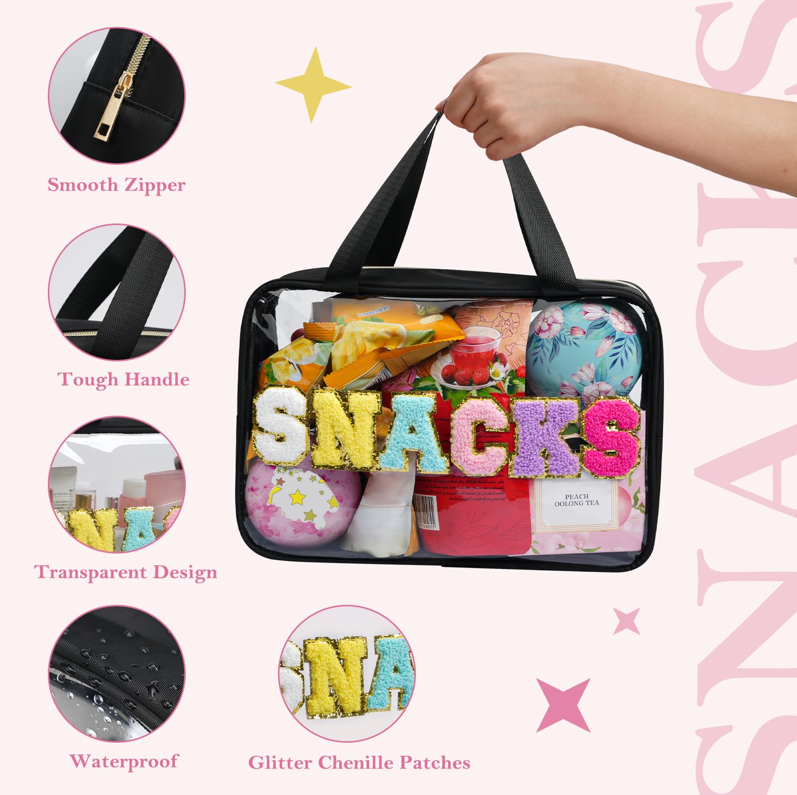 Yowivon Large Waterproof Clear Tote Bag with Zipper & Handle - Preppy Snack Bag for Travel, Beach, Camping, Business Trips, Sports & Stadium Events - Perfect for Snacks, Swim Gear & Essentials (Black, Large)