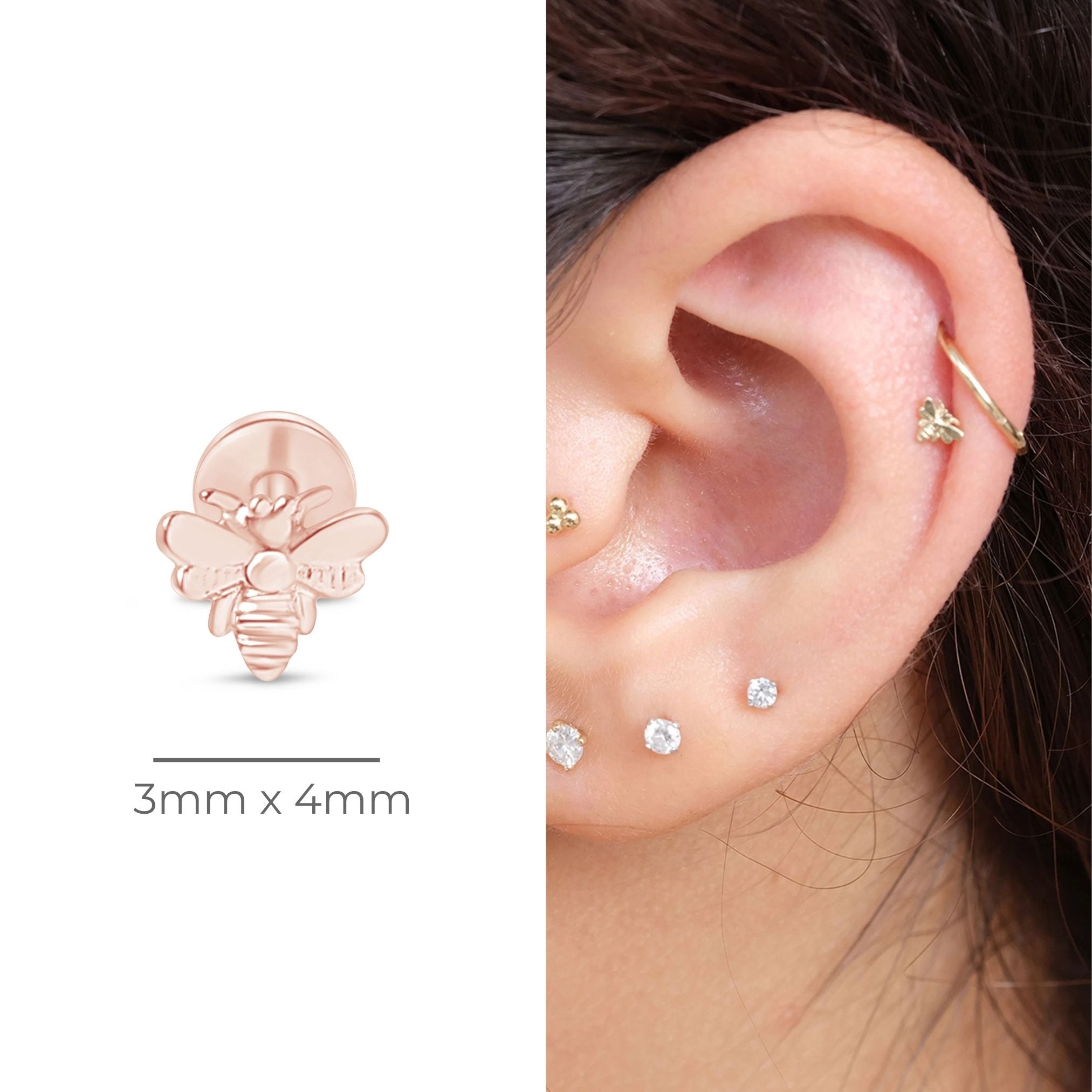 Minimalist Bee Flat Back Stud Earrings in Solid 14k Rose Gold - Perfect for Everyday Wear, Gifts & Special Occasions