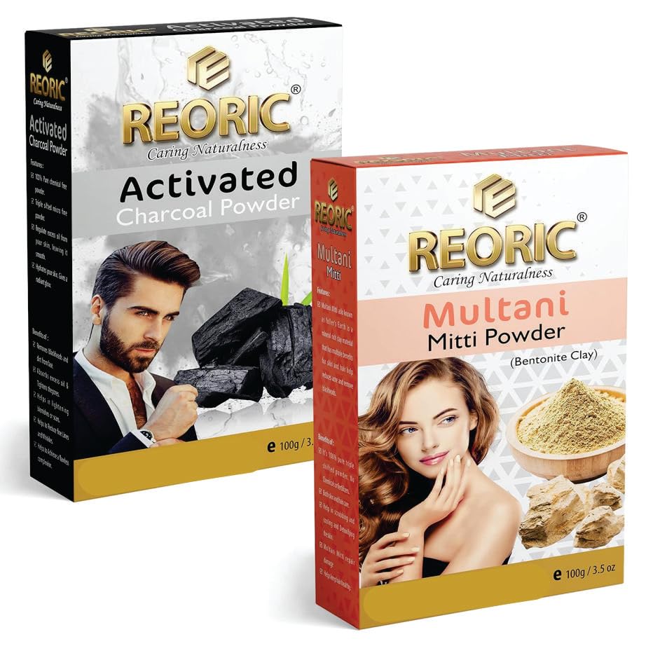 Reoric Activated Charcoal Powder & Multani Mitti Clay - 100% Pure Bentonite Clay Face Mask for Acne, Blackheads & Glowing Skin | Coconut Charcoal Detox Mask | Cosmetic Grade Skin Care (200g, Pack of 2) - Perfect for DIY Spa, Deep Cleansing & Skin Detox at Home