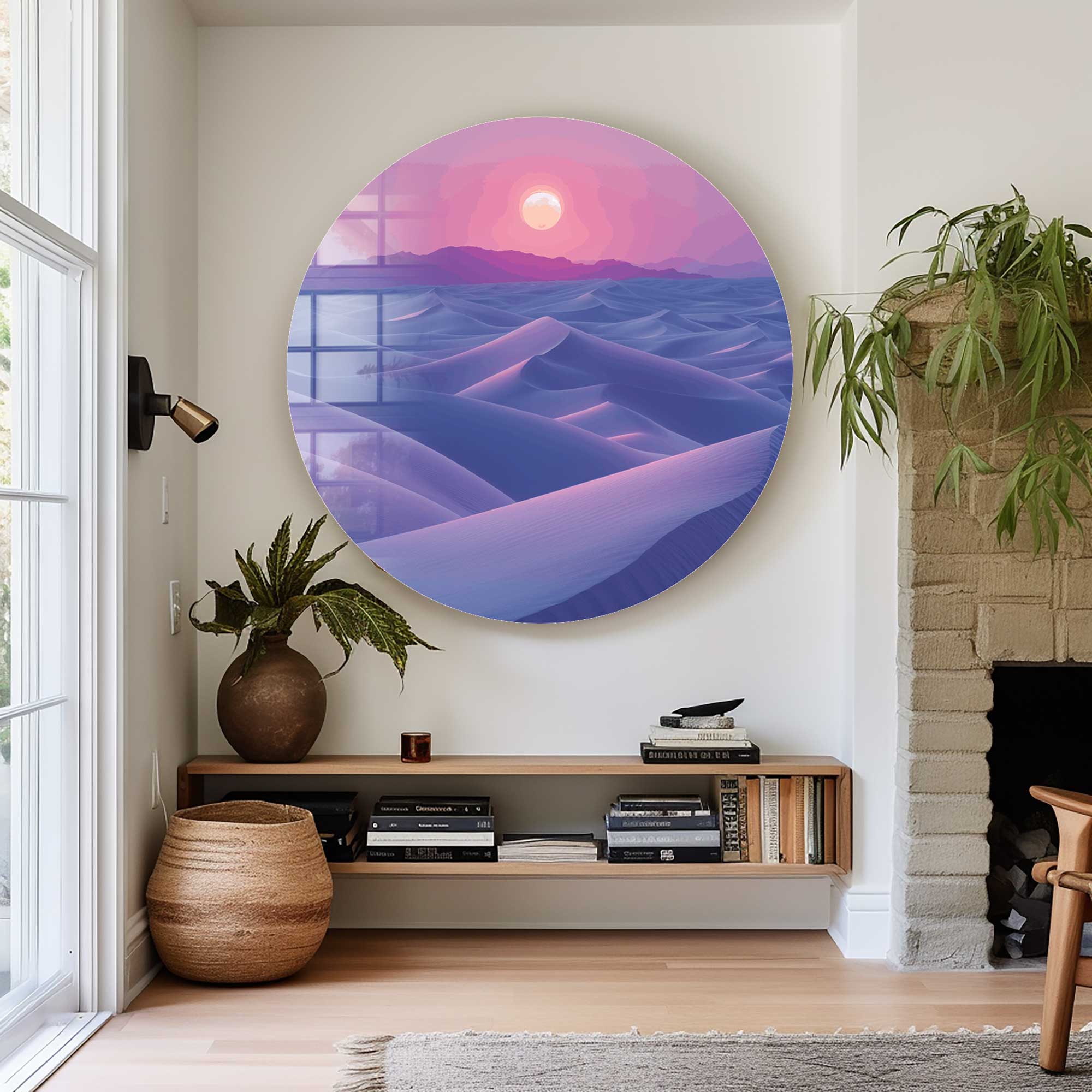 Twilight Dunes Rounded Glass Wall Art - Modern Home Decor for Living Room, Bedroom & Office - Shatterproof Glass Canvas Painting for Wall Decoration