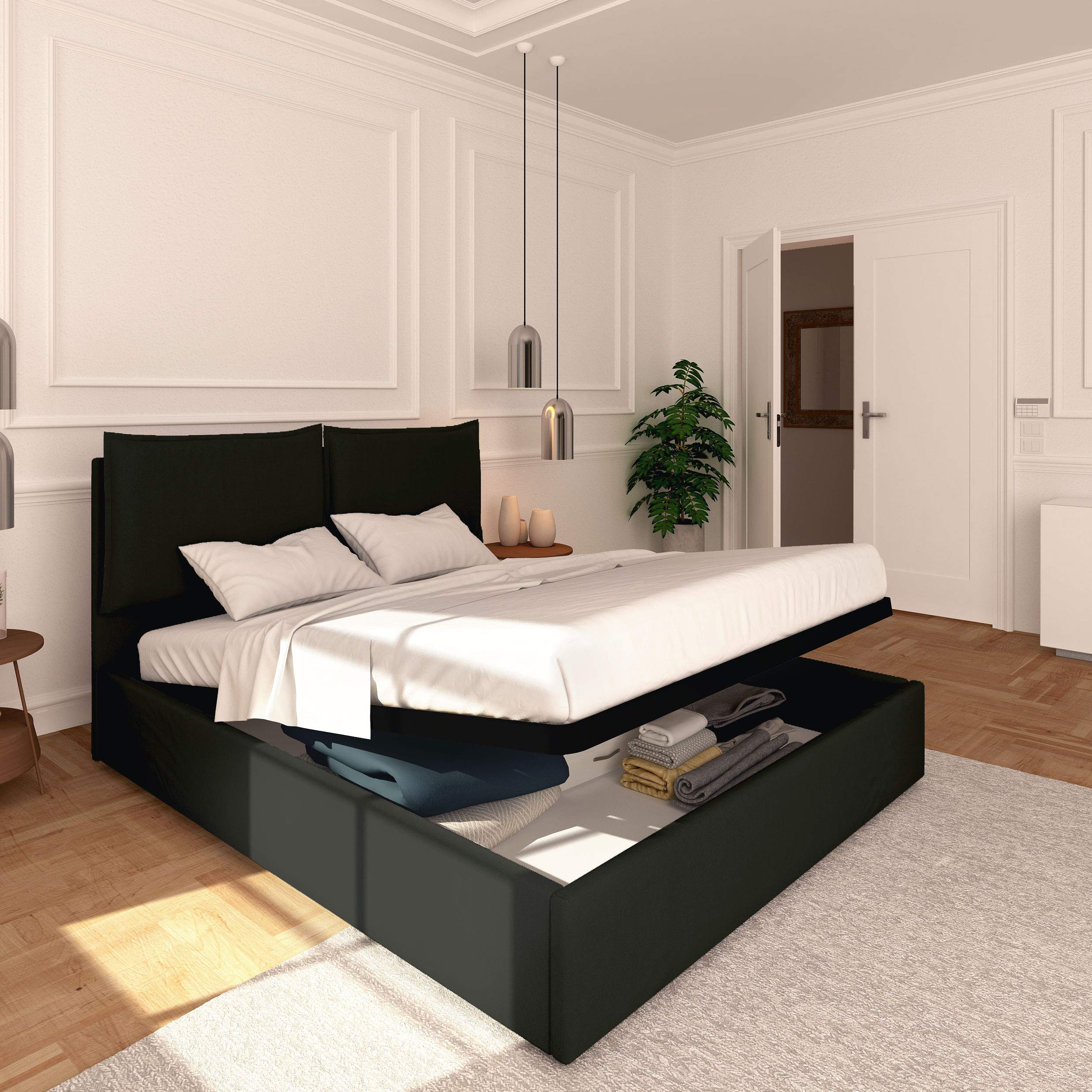 Baldiflex Licia Queen Size Bed Frame with Upholstered Headboard, Synthetic Leather, Slatted Base, Storage Drawer, 160x200cm, Black - Perfect for Modern Bedrooms & Guest Rooms