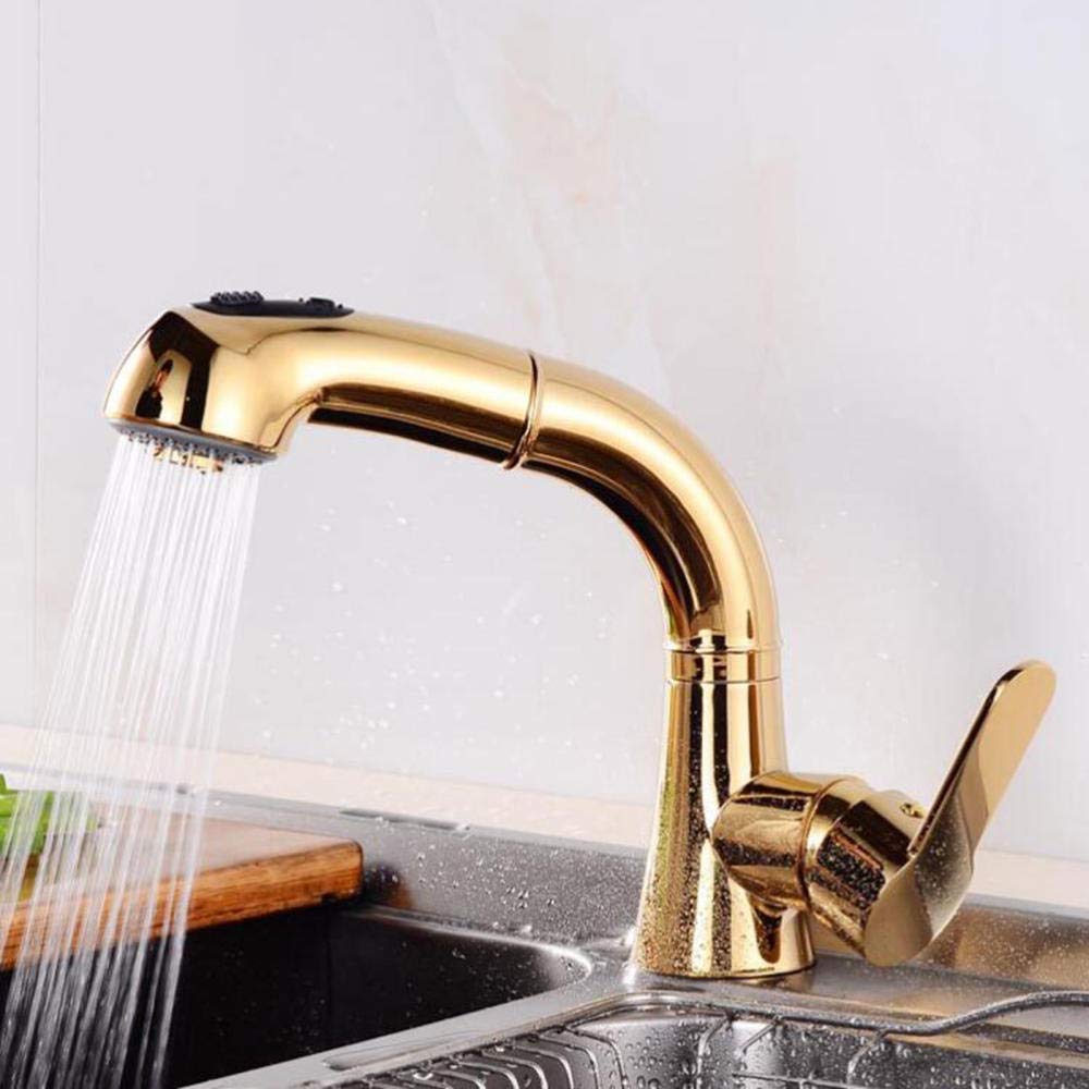 Premium Gold Pull Down Kitchen Faucet with Sprayer - Brass Hot & Cold Water Sink Tap with Telescopic Rotating Spout - Perfect for Modern Kitchens & Bar Sinks