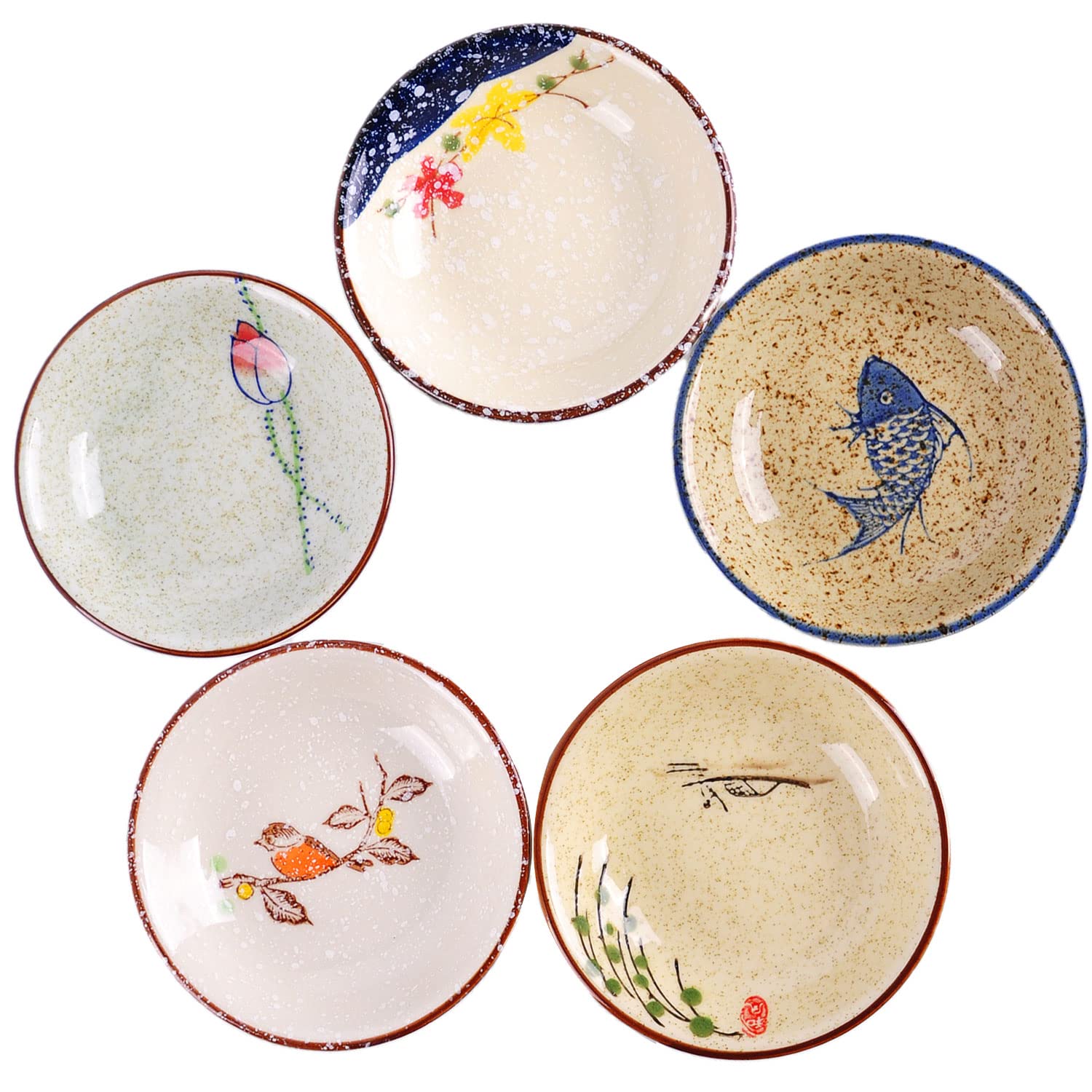Japanese Retro Porcelain Side Dish Set - 5 Ceramic Bowls for Soy Sauce, Dipping & Seasoning | Perfect for Sushi, Ramen & Asian Dining Decor