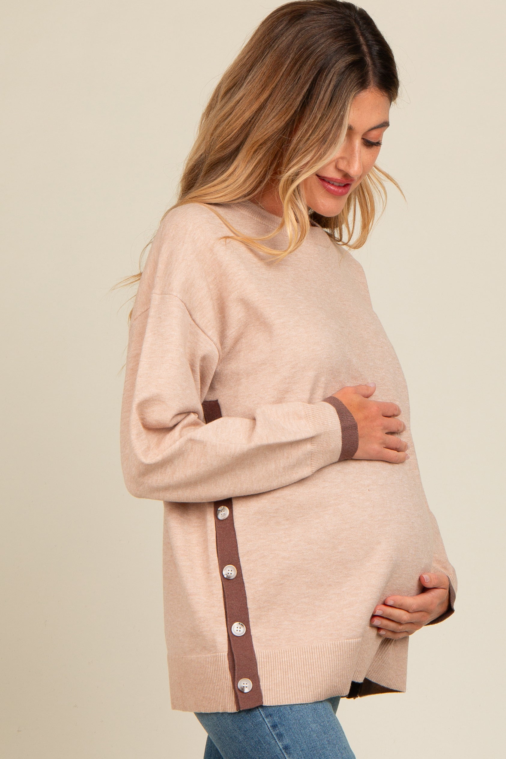 Beige Button Up Maternity Sweater with Side Detail - Soft & Comfortable Pregnancy Top for Casual Wear & Nursing