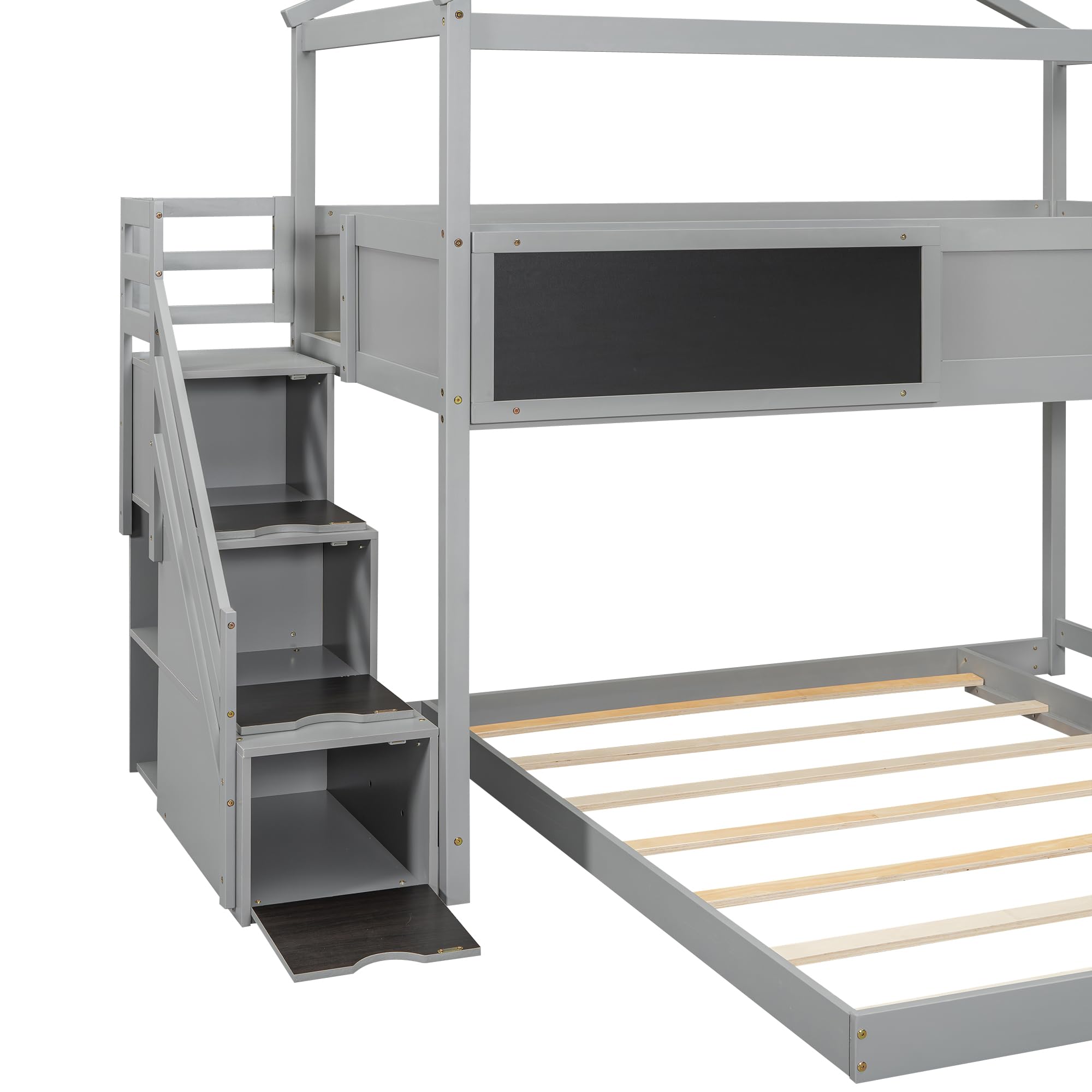 P PURLOVE Twin Over Full House Bunk Bed for Kids with Storage Staircase - Wooden Bunk Bed Frame with House Shape & Blackboard - Space-Saving Kids Bedroom Furniture for Siblings or Sleepovers