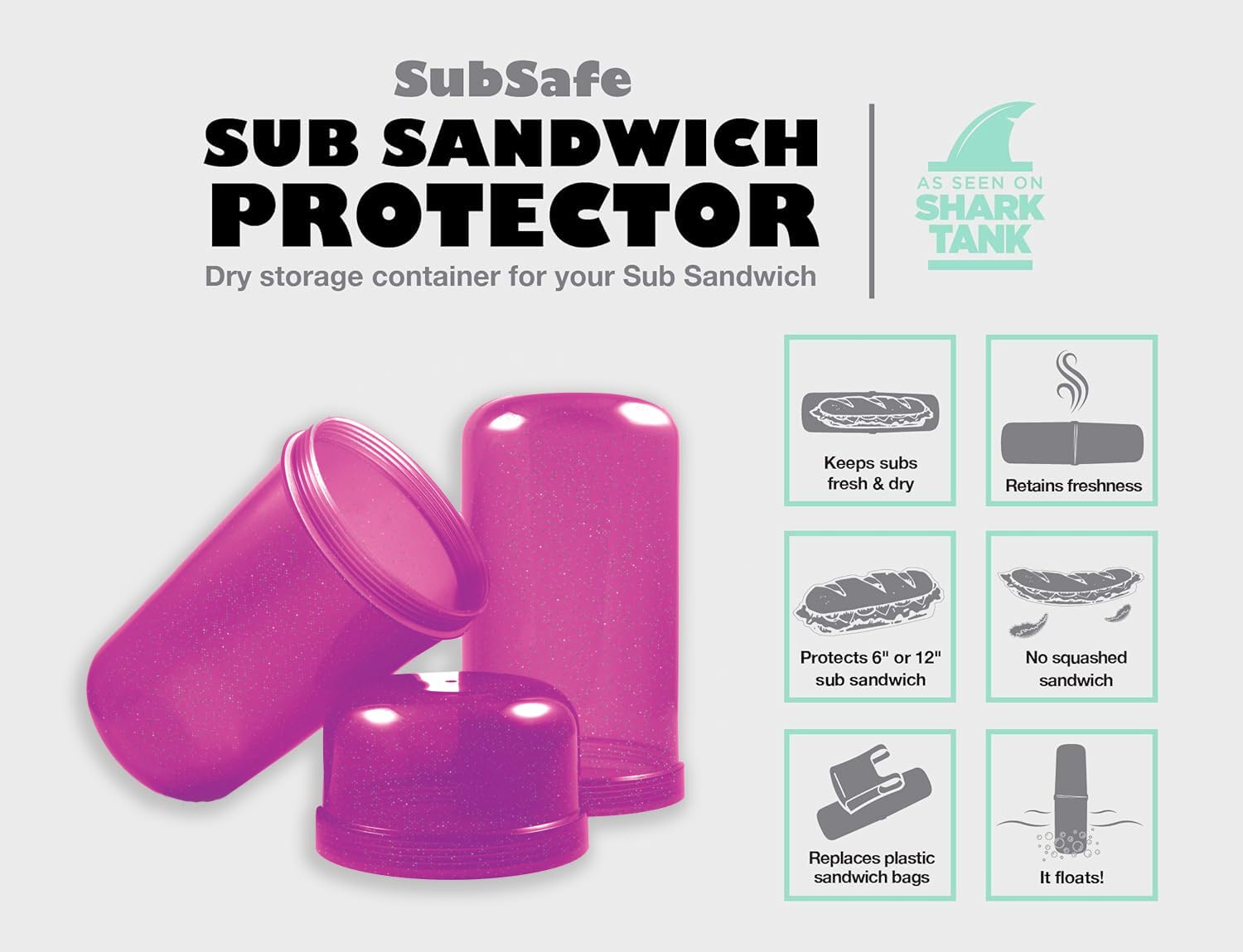 SubSafe Waterproof Sandwich Container - BPA-Free Plastic Food Storage Box with Glitter in Neon Purple | Perfect for Picnics, Beach Trips & Lunch Boxes