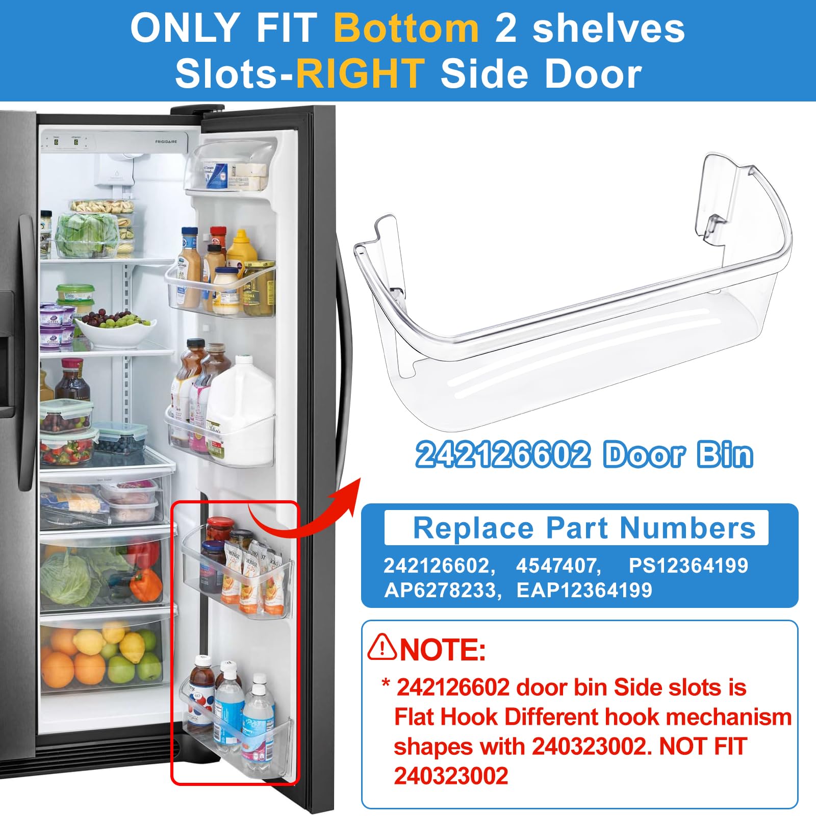 UPGRADED Frigidaire Refrigerator Door Bin Shelf Replacement - AP6278233 PS12364199 4547407 Compatible Parts for Bottom 2 Shelves | Durable Side Shelf Rack Organizer for Fresh Food Storage & Kitchen Organization