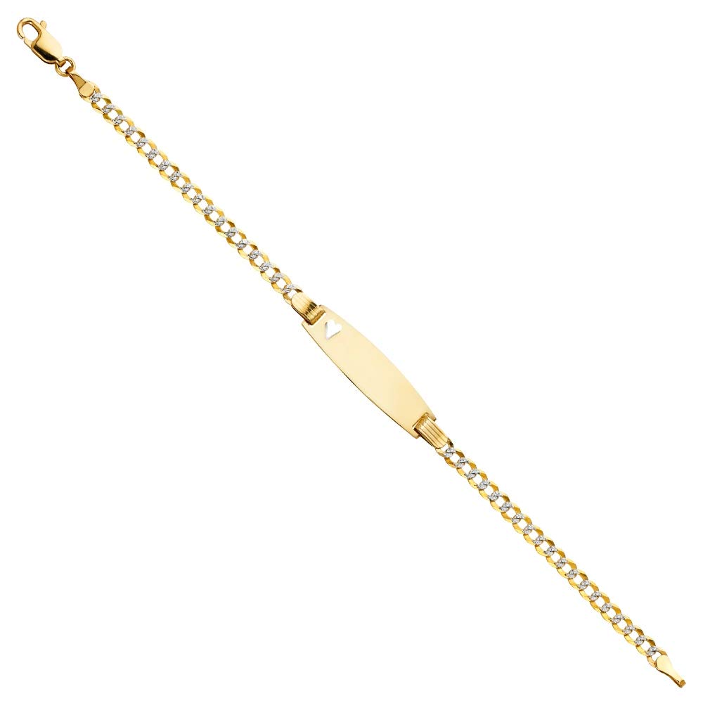 14K Gold 3mm Miami Curb Chain with Rhodium Pave Baby Oval ID Love Heart Bracelet - Elegant Jewelry Gift for Women, Perfect for Anniversaries, Birthdays & Special Occasions