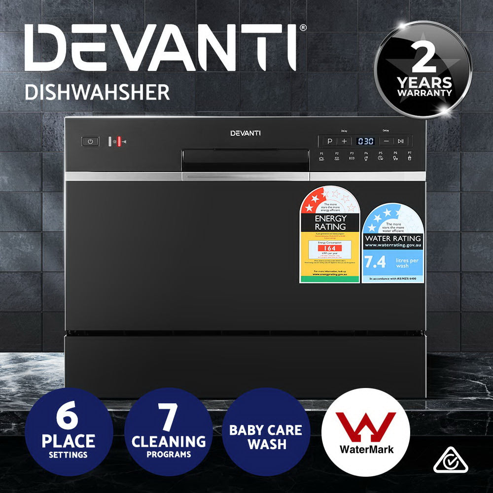 Devanti 6 Place Settings Compact Countertop Dishwasher in Black - Perfect for Small Kitchens, Apartments & RVs