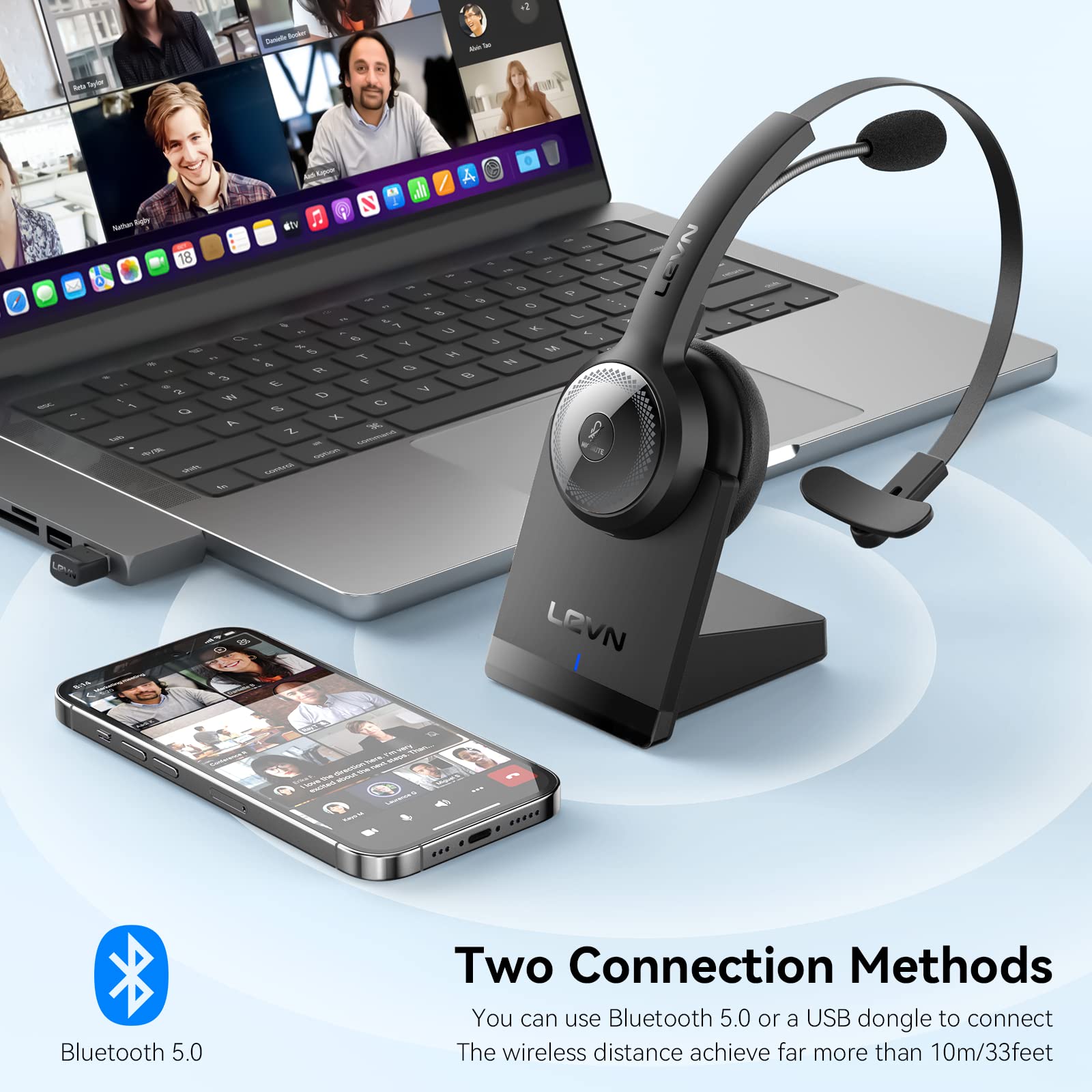 LEVN Bluetooth 5.0 Wireless Headphones with Built-in Microphone - Noise Cancelling Headset for Work, Gaming & Music (Compatible with iPhone, Android, PC) - Perfect for Office Calls, Online Classes & Travel