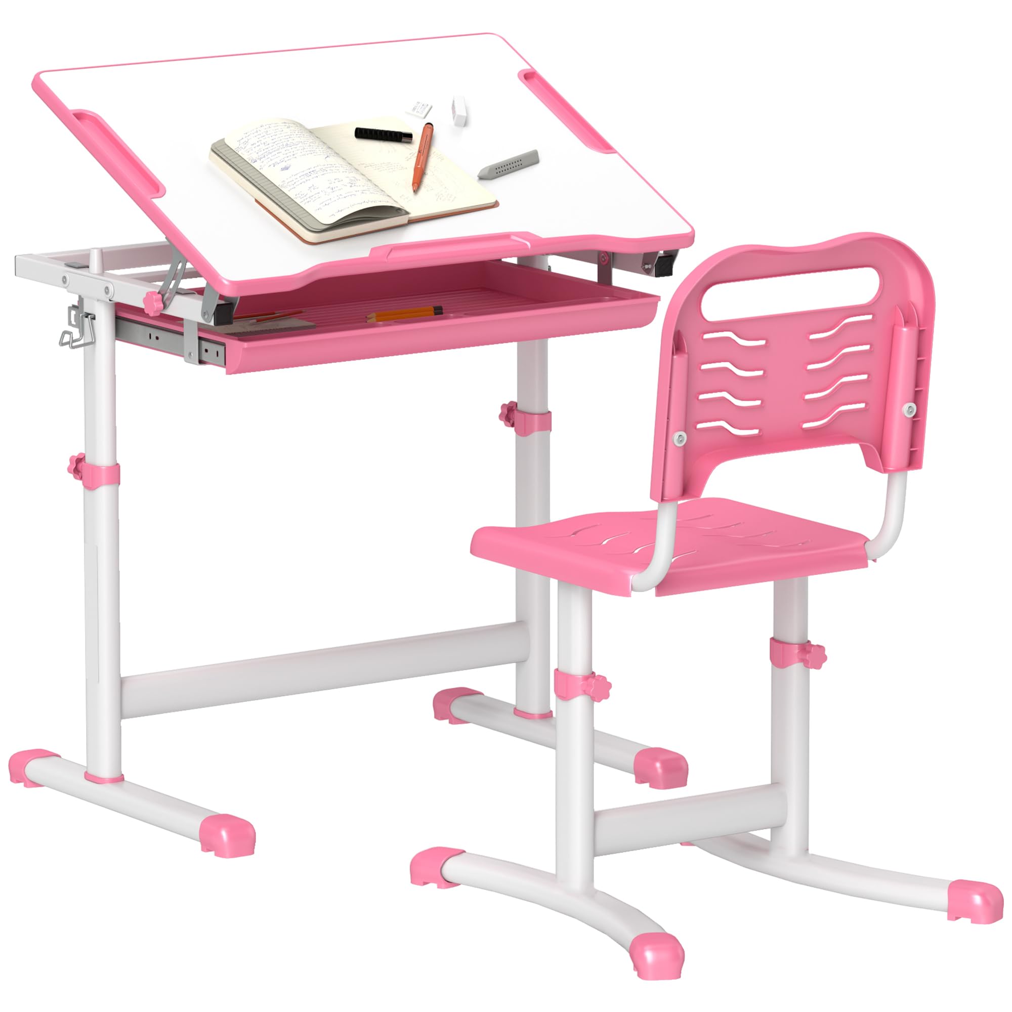 Qaba Adjustable Kids Desk and Chair Set - Ergonomic Study Desk with Tiltable Desktop, Storage Drawer & Pen Holder for Children - Perfect for Homeschooling, Online Learning & Bedroom Study (Pink)