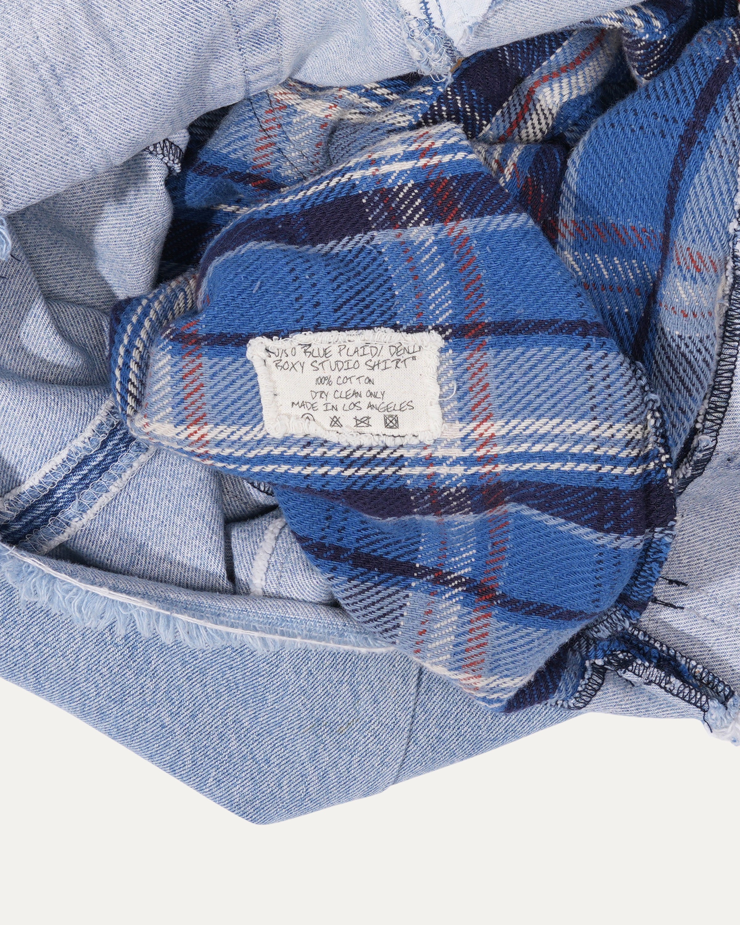 50/50 Blue Plaid Denim Boxy Studio Shirt - Stylish Oversized Button Down Top for Women, Casual Streetwear & Layering Outfits (Perfect for Fall Fashion, Coffee Dates & Weekend Brunch)