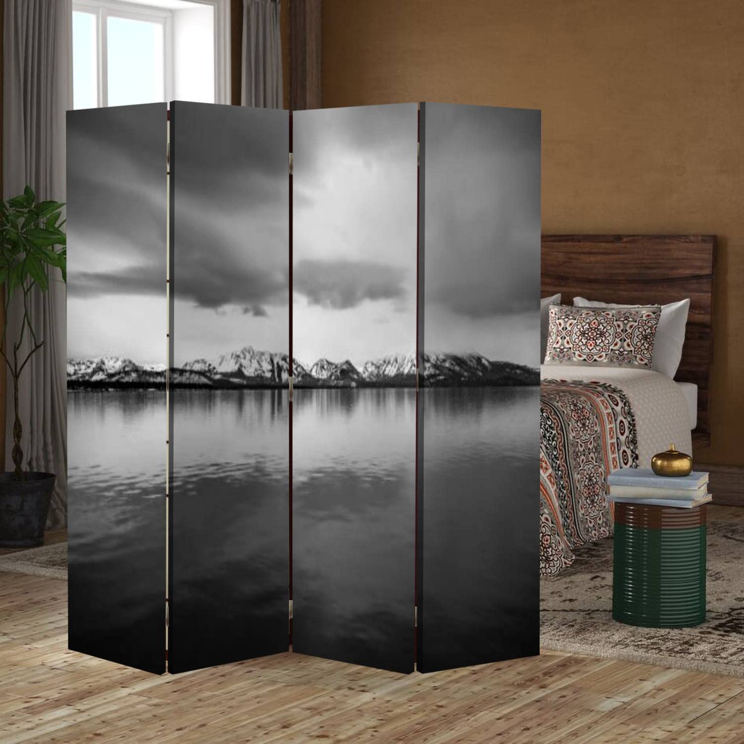 Wooden Room Divider with Mountain Reflection Print - Black & White Folding Privacy Screen, Dual-Sided Canvas Partition Panels for Home Office, Bedroom or Studio (4 Panels) - Perfect for Space Division, Decoration and Indoor Display