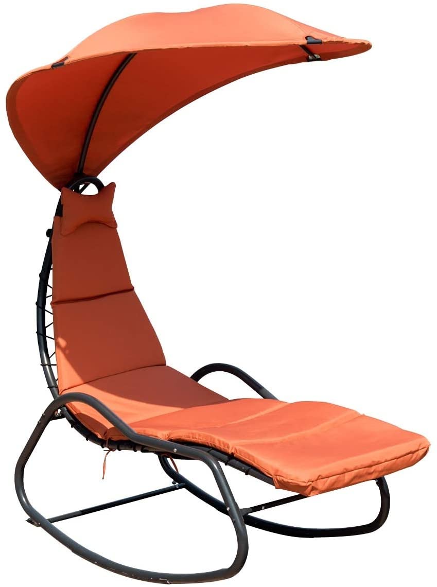 GRAFFY Outdoor Chaise Lounge Swing Chair with Removable Cushion & Canopy - Patio Hammock Rocking Chair for Garden, Backyard, Poolside - Comfortable Recliner with Adjustable Headrest (Orange) - Perfect for Relaxing, Sunbathing, and Lounging by the Pool or in Your Backyard Oasis