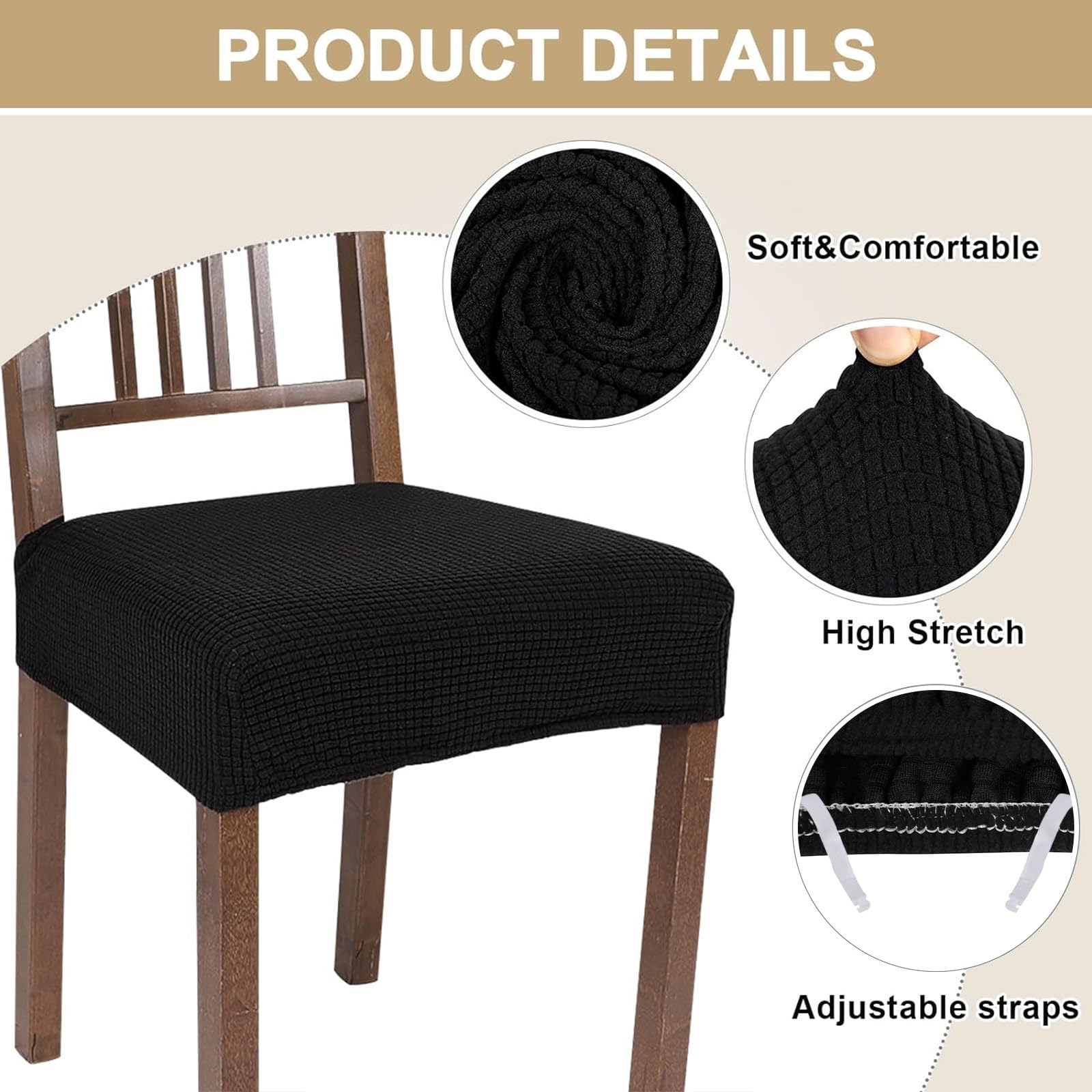 NIBESSER 4-Pack Stretchable Dining Chair Covers - Soft, Washable & Removable Slipcovers for Kitchen & Dining Room Chairs, Armless Seat Protectors (Black Jacquard, Rear-Covered) - Perfect for Home Decor, Parties & Daily Use