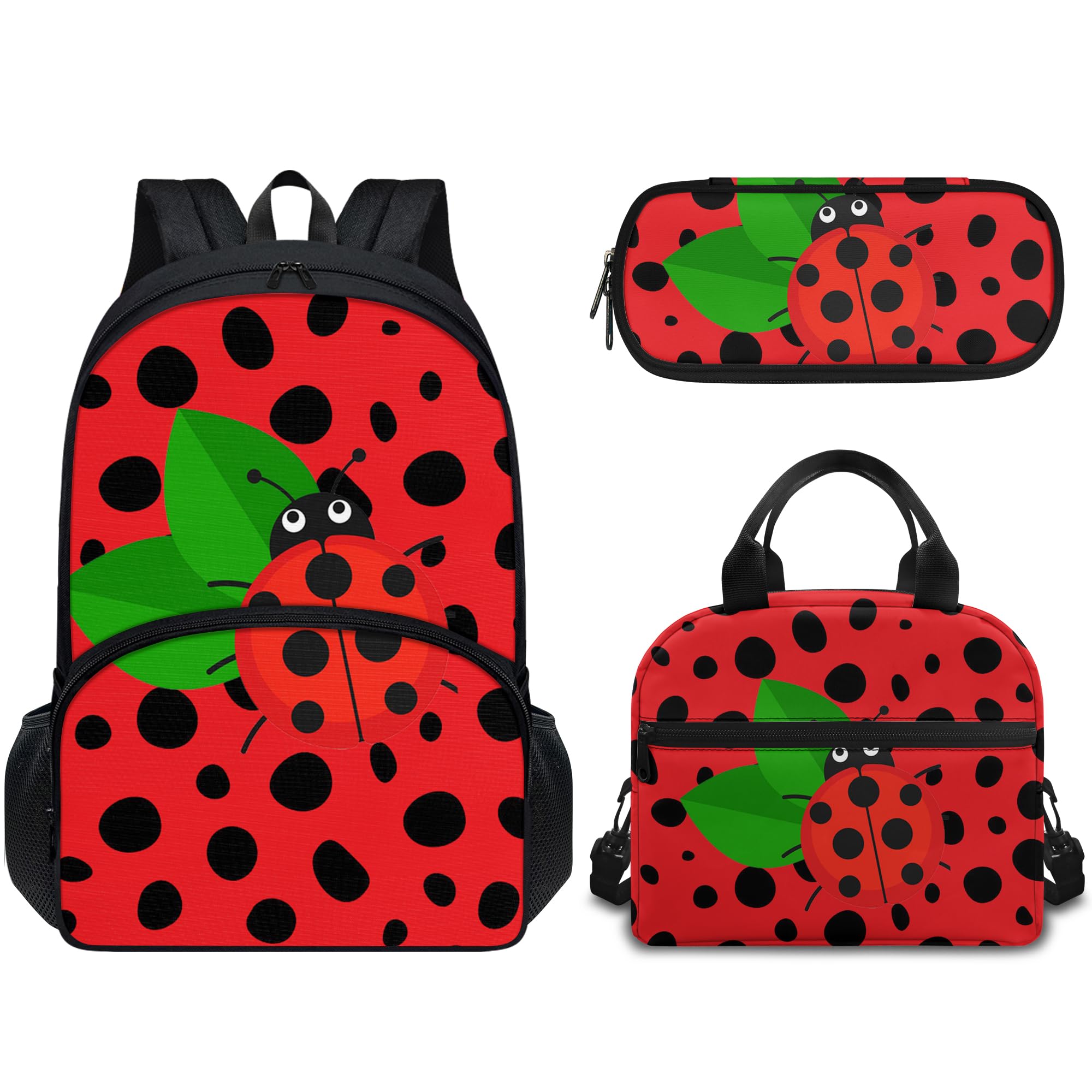 Forchrinse 3-Piece Red Ladybug Polka Dot Backpack Set for Girls - Elementary & Middle School Bookbag with Lunch Box & Pencil Case - Perfect for School, Travel & Daily Use