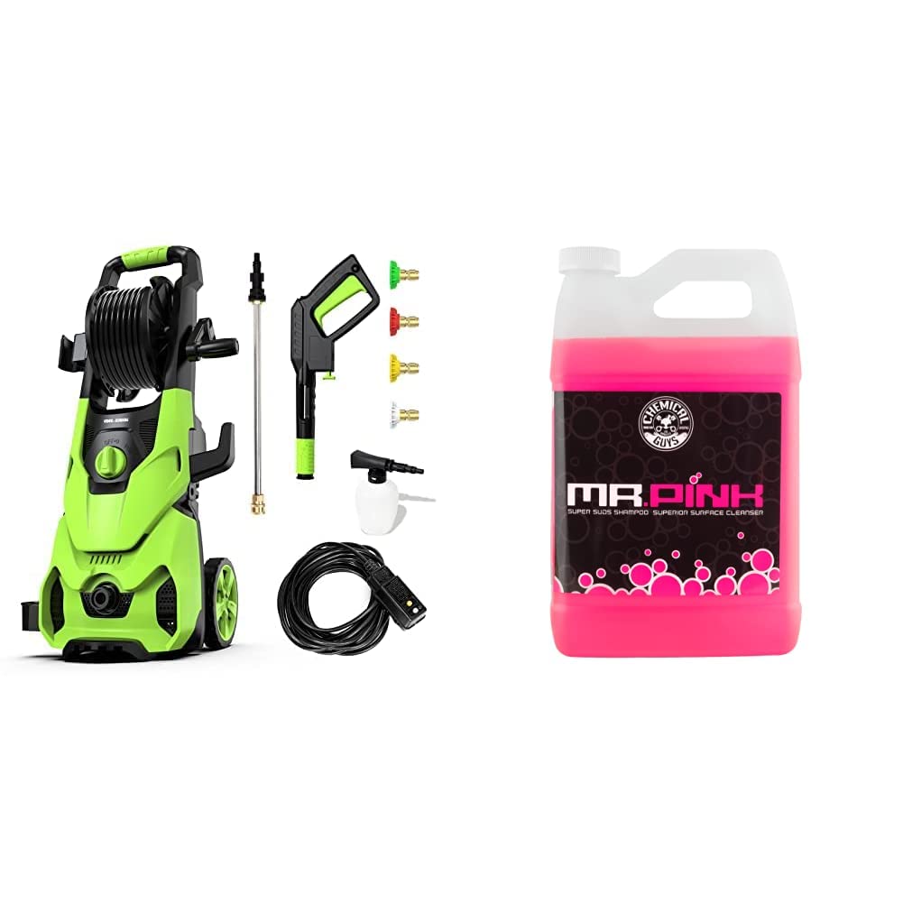 Rock&Rocker 1800 PSI Electric Pressure Washer with Foam Cannon Attachment - Green | Chemical Guys CWS_402 Mr. Pink Super Suds Foaming Car Wash Soap (1 Gallon, 128 fl oz) - Candy Scented for Foam Guns, Bucket Washing & Detailing - Perfect for Cars, Trucks, Motorcycles & Home Exterior Cleaning