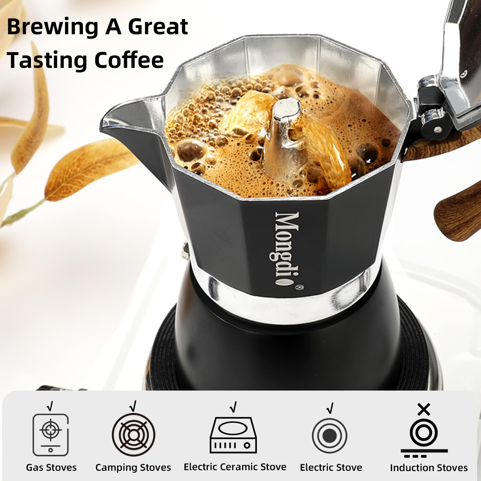 Mongdio Stovetop Espresso Maker Moka Pot - 10 oz Italian Coffee Maker for Cuban & Espresso Brewing - 6 Cup Aluminum Percolator for Stove Top - Perfect for Home, Office & Camping (Black)