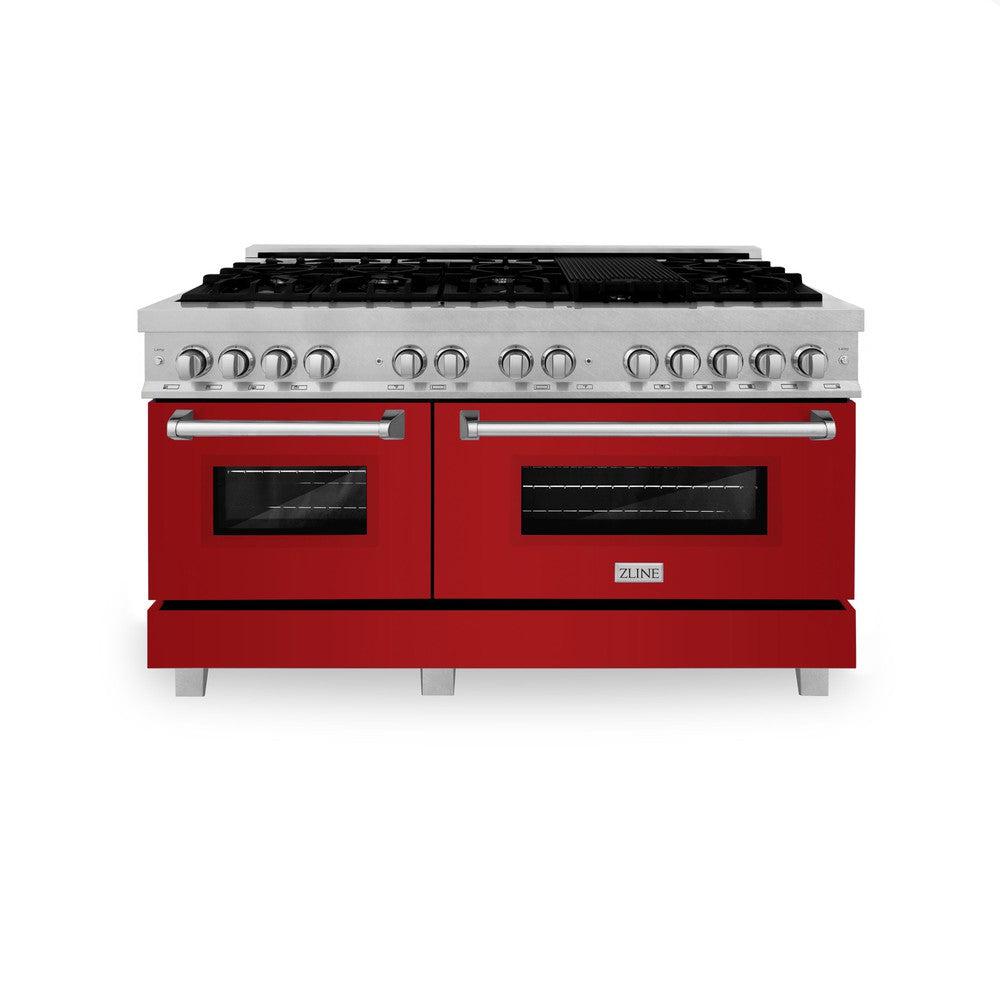 ZLINE 60-inch 7.4 cu. ft. Legacy Dual Fuel Range - 9 Burner Gas Cooktop & 2 Electric Convection Ovens - Satin Stainless Steel with Red Gloss Doors (RAS RG 60) - Perfect for Professional Home Chefs & Modern Kitchens
