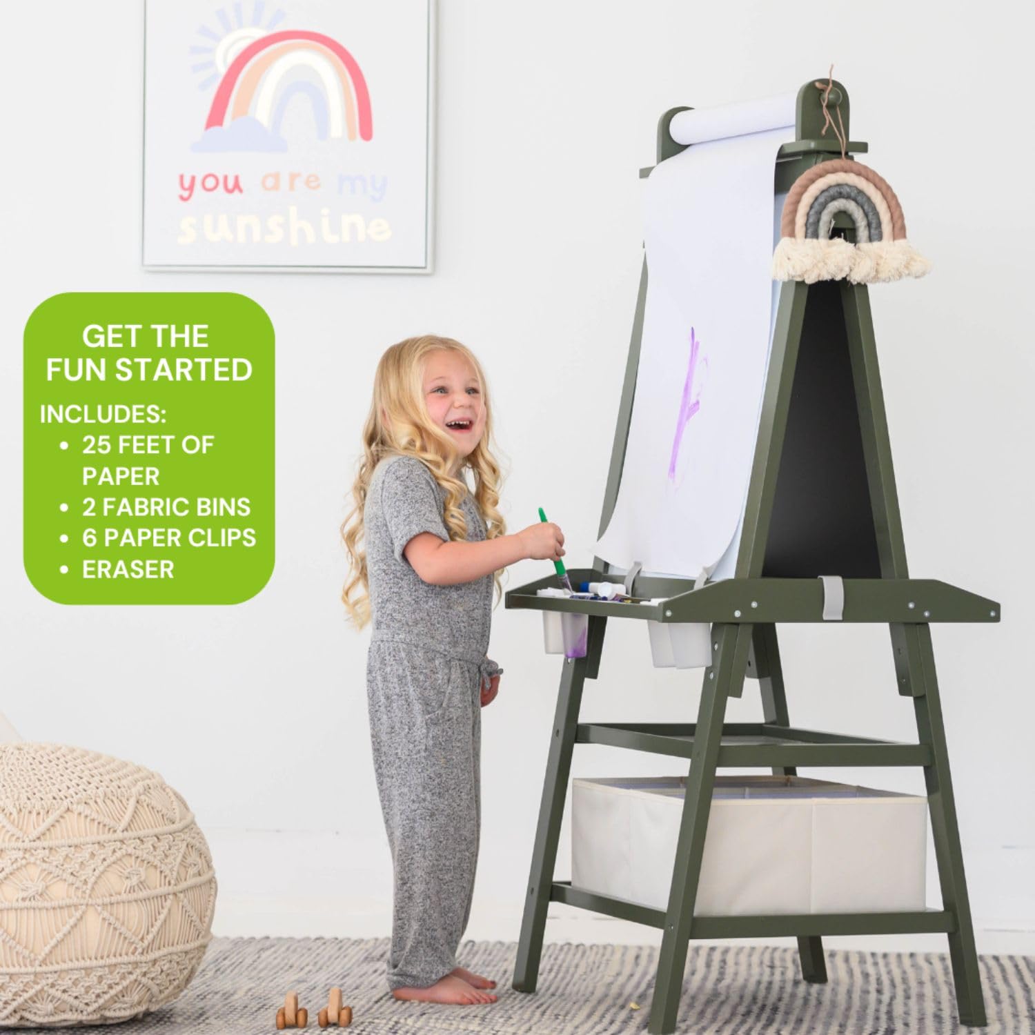 Little Partners Deluxe Learn 'N Play Toddler Easel - 2-Sided Kids Art Center with Chalkboard & Magnetic Whiteboard | Paper Roll, Storage Bins & Paint Cups | Perfect for Home, Preschool & Daycare (Olive Green)