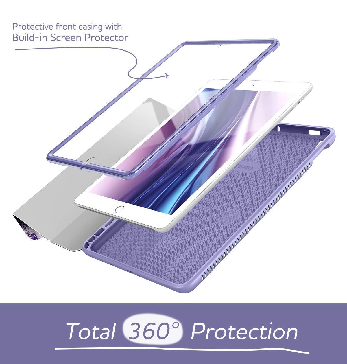 SURITCH iPad Air 3 (2019) & iPad Pro 10.5 (2017) Protective Case with Built-in Screen Protector, Pencil Holder & Auto Wake/Sleep - Purple Marble Design | Perfect for Work, School & Travel