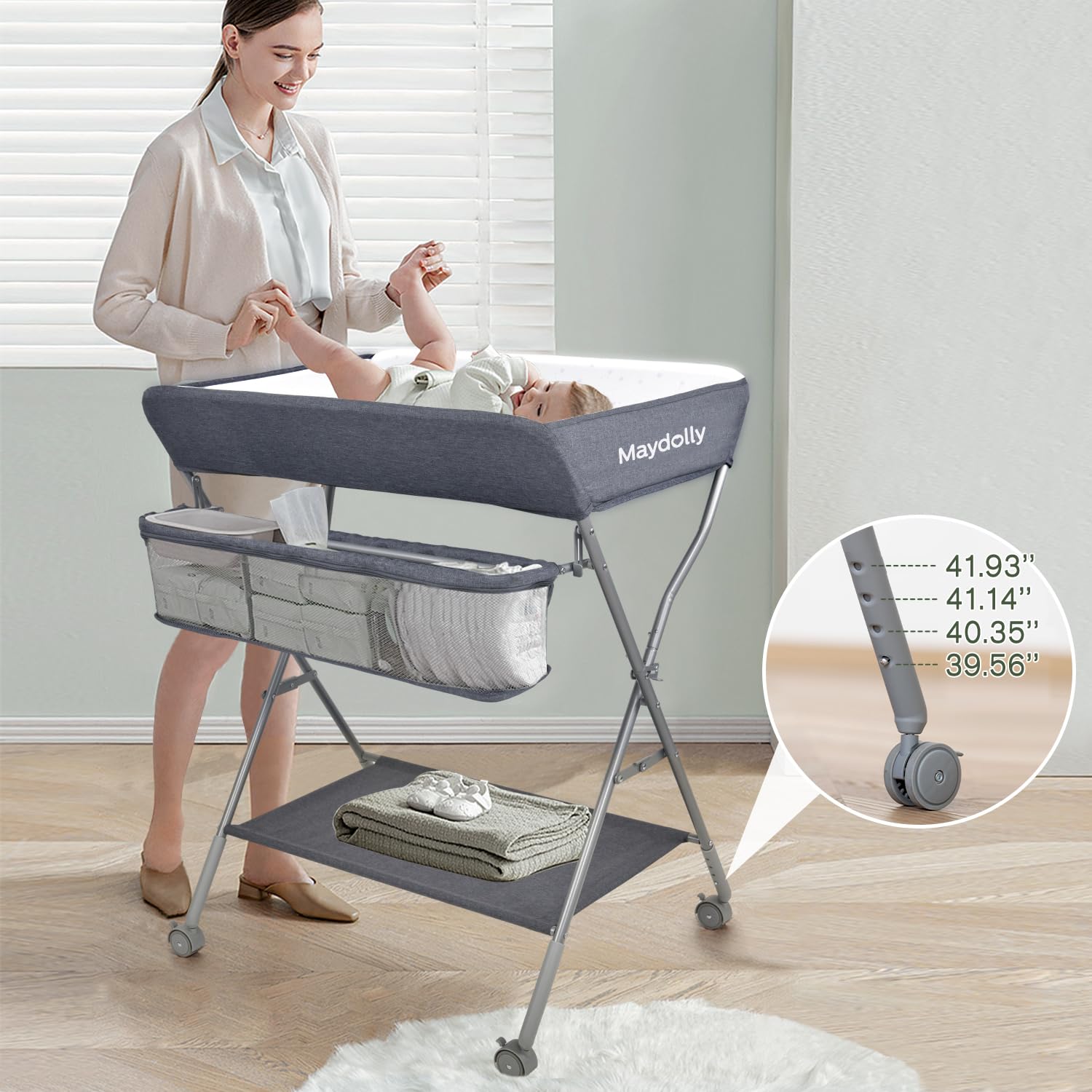 Maydolly Portable Baby Changing Table with Wheels - Adjustable Height Folding Diaper Station with Nursery Organizer & Storage Rack for Newborns & Infants - Perfect for Nursery, Bedroom & Travel Use