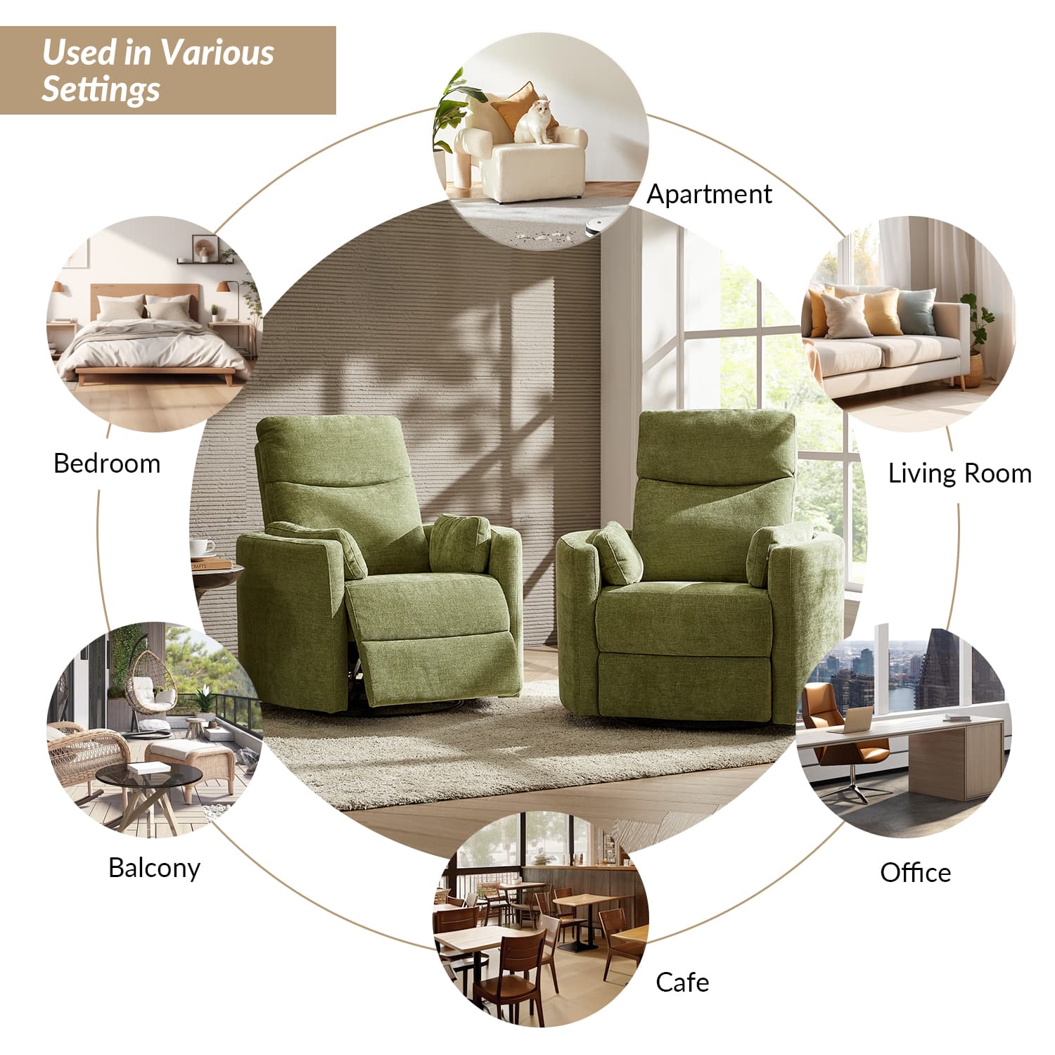 Monica Swivel Rocker Power Recliner Chair with Adjustable Headrest & Lumbar Support - Optional Removable Pillows - Perfect for Living Room, Home Theater & Relaxation