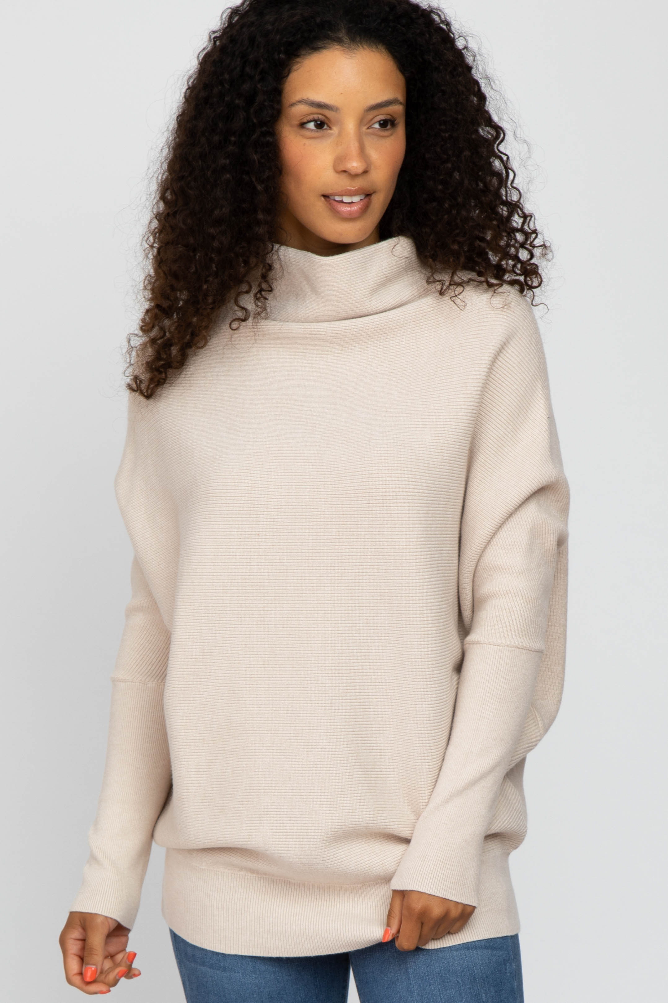 Beige Funnel Neck Dolman Sleeve Maternity Sweater for Women - Soft Comfortable Pregnancy Knit Top for Moms-to-Be - Perfect for Casual Wear, Office Outfits and Maternity Photos