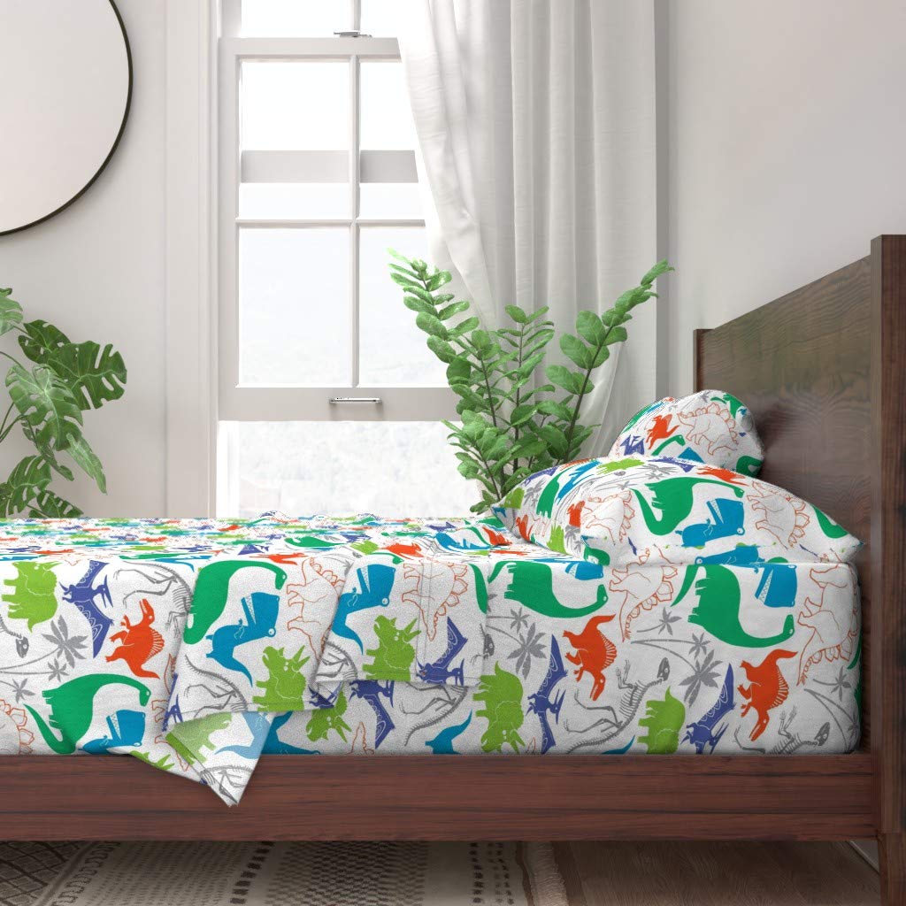 **Spoonflower 100% Cotton Twin Sheet Set - 3pc White Extinct Animal & Endangered Dinosaur Print Bedding for Kids & Boys | Soft, Breathable & Customizable | Perfect for Kids' Rooms, Dorm Decor & Unique Gifts**