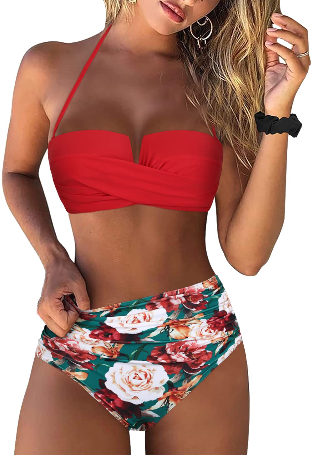 Hilor Women's Retro High Waisted Bikini Set - Bandeau Two Piece Bathing Suit with Adjustable Straps & Push Up Design | Sexy Swimwear for Beach, Pool & Vacation