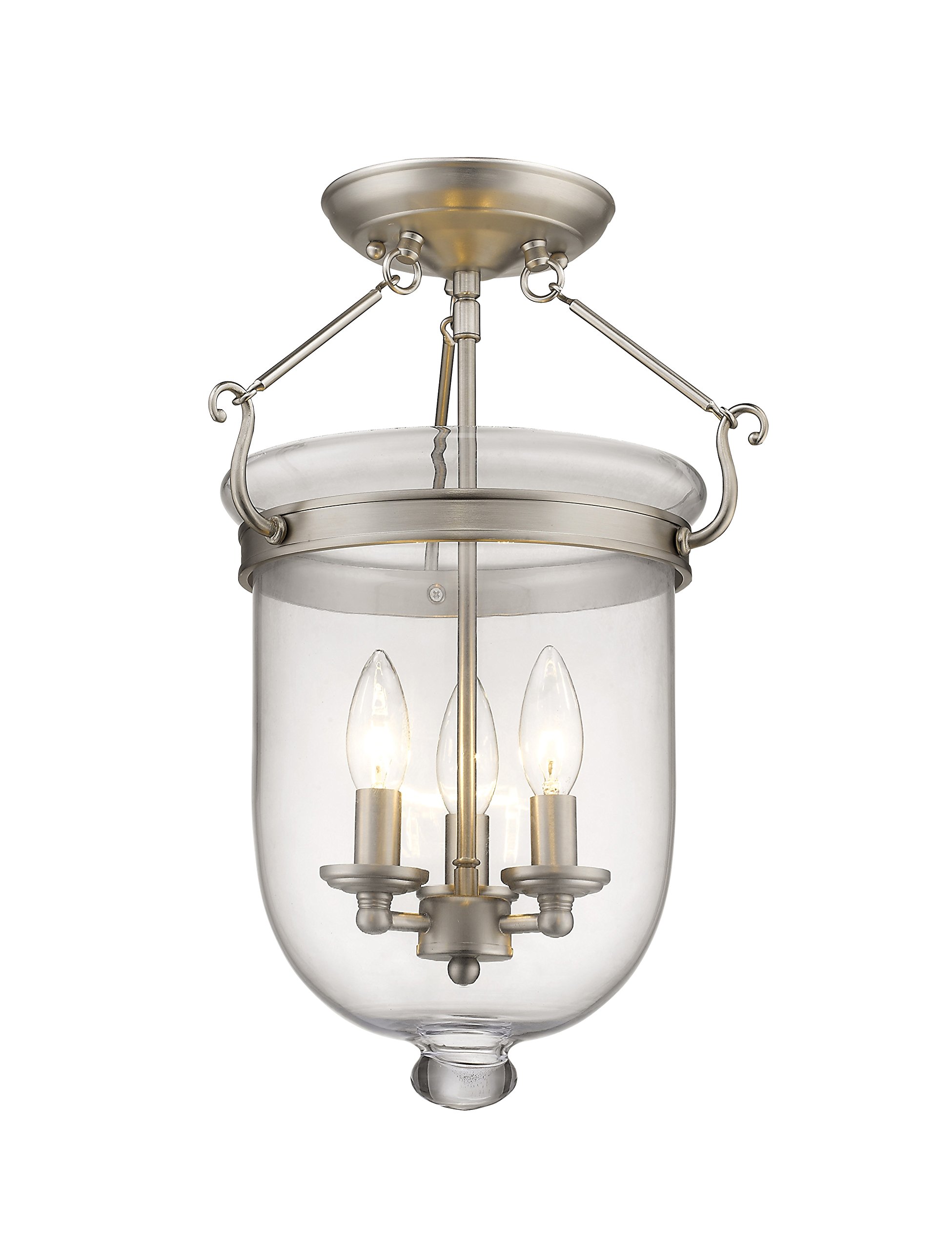 Livex Lighting Jefferson 3-Light Brushed Nickel Semi-Flush Mount Bell Jar Ceiling Fixture with Clear Glass Shades - Perfect for Dining Room, Bedroom, or Entryway Lighting