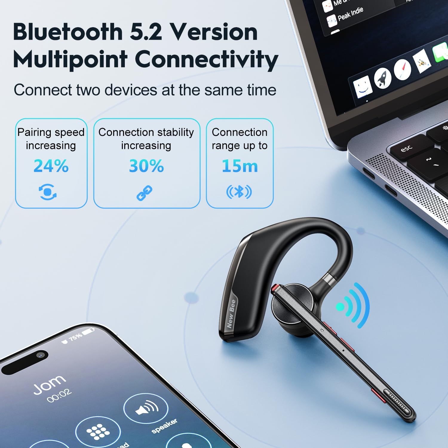 Wireless Bluetooth Earpiece V5.2 with 500mAh Charging Case - 80H Playtime, Dual Mic Noise Cancelling Hands-Free Headphones for Phone Calls, Office, Driving & Commuting | Compatible with iPhone & Android Devices