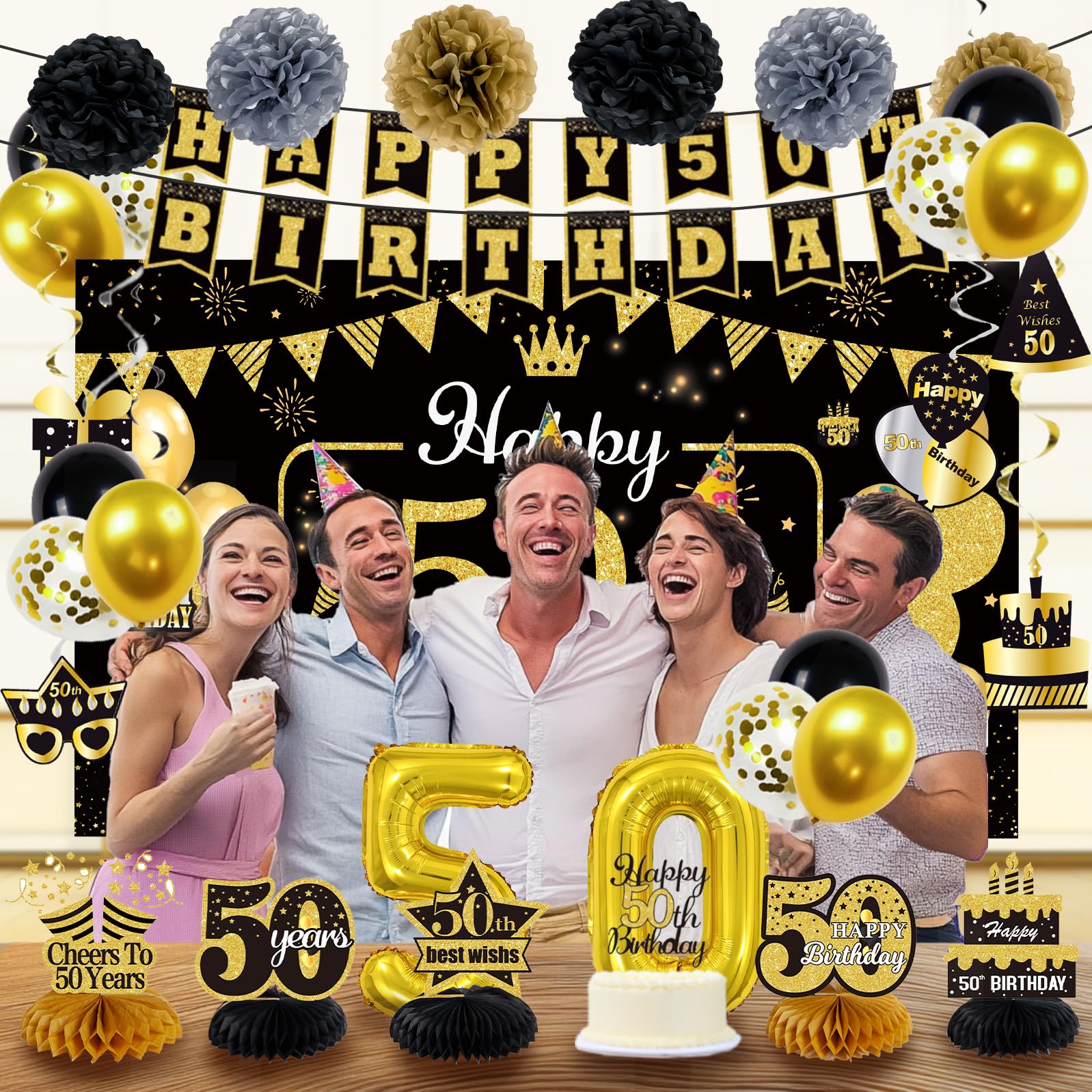 WOJOGO 50th Birthday Party Decorations Set - 40pc Black & Gold Happy 50th Banner, Cake Topper, Balloons, Sash, Centerpieces for Men & Women | Perfect for Milestone Birthday Celebrations, Retirement Parties & Anniversary Decor