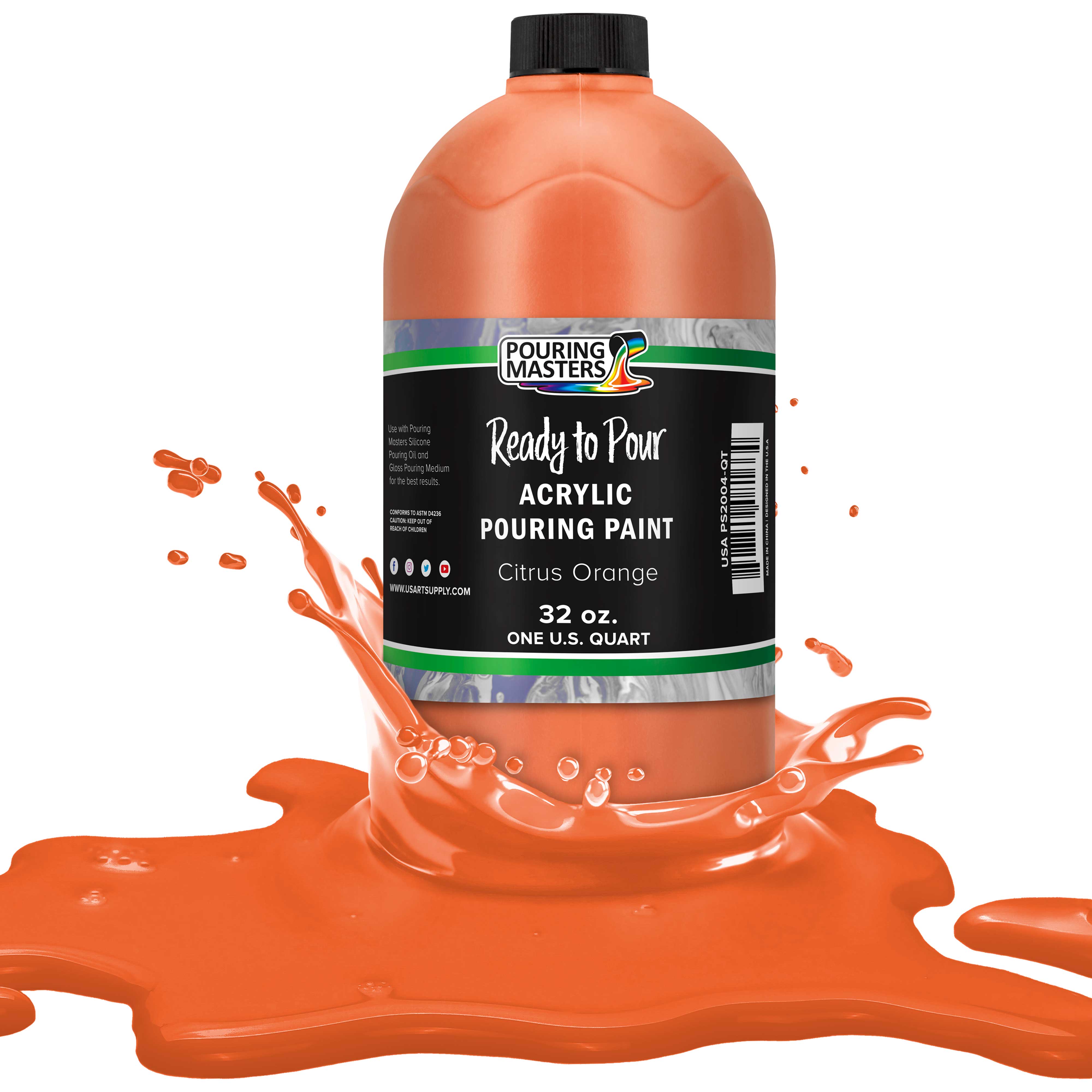 Premium 32oz Ready-to-Pour Citrus Orange Acrylic Paint - Water-Based Pre-Mixed Art Supplies for Canvas, Wood, Paper, Crafts, Tile & Rocks | Perfect for DIY Home Decor, Abstract Painting & Kids Art Projects