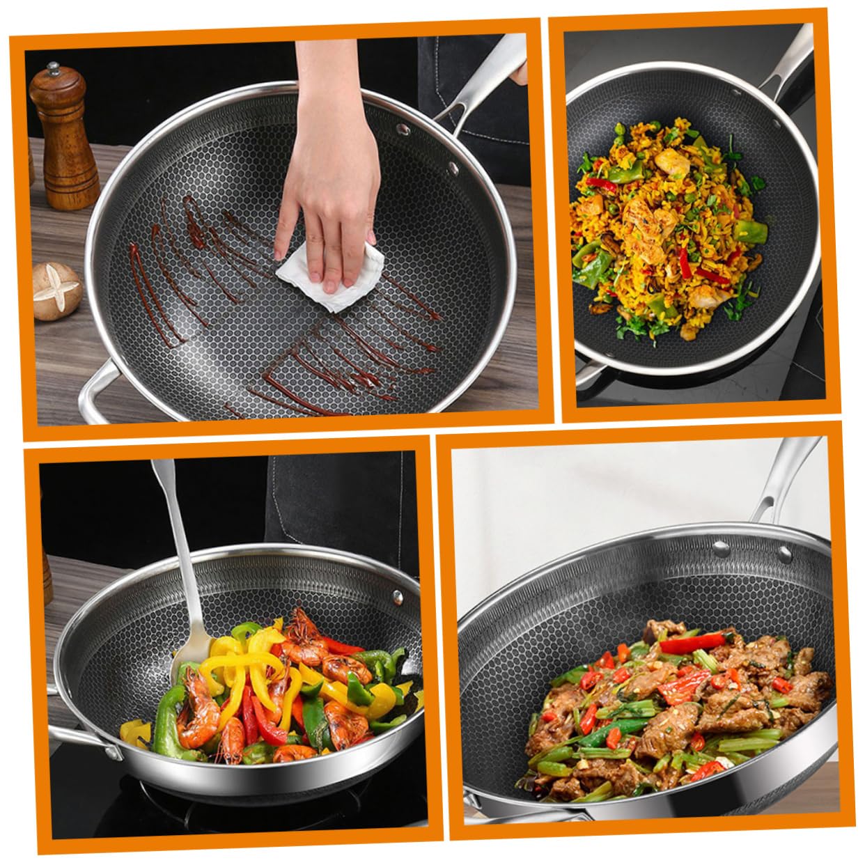 DECHOUS 34cm Stainless Steel Honeycomb Grain Nonstick Wok Pan - Induction, Electric & Gas Stove Safe - Easy Clean BBQ & Stir Fry Cooking Pan for Home Kitchen