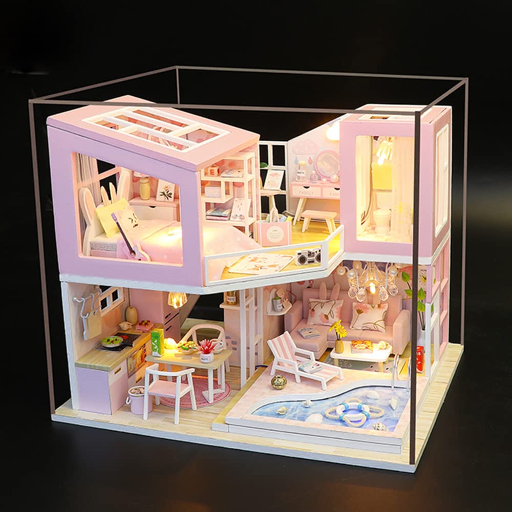 Eveseed DIY Wooden Dollhouse Kit with LED Lights - Miniature First Love House Model for Kids & Adults - Perfect for Home Decor, Gifts & Creative Play