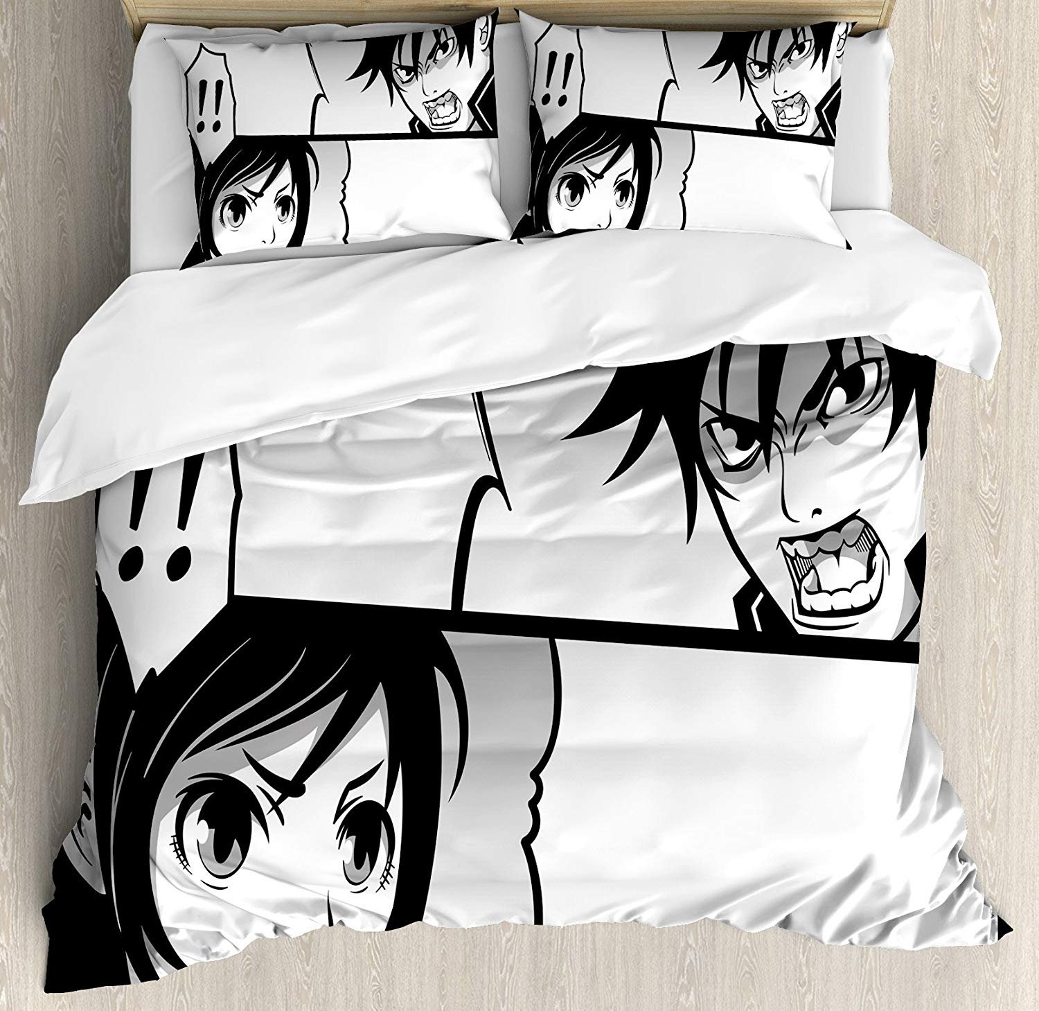 3-Piece Anime Queen Size Bedding Set - Japanese Manga Print Duvet Cover with 2 Pillow Shams | Boy and Girl Fight Scene Cartoon Design | Soft & Comfortable Bed Sheets for Anime Fans, Teens Room Decor, Gift for Manga Lovers