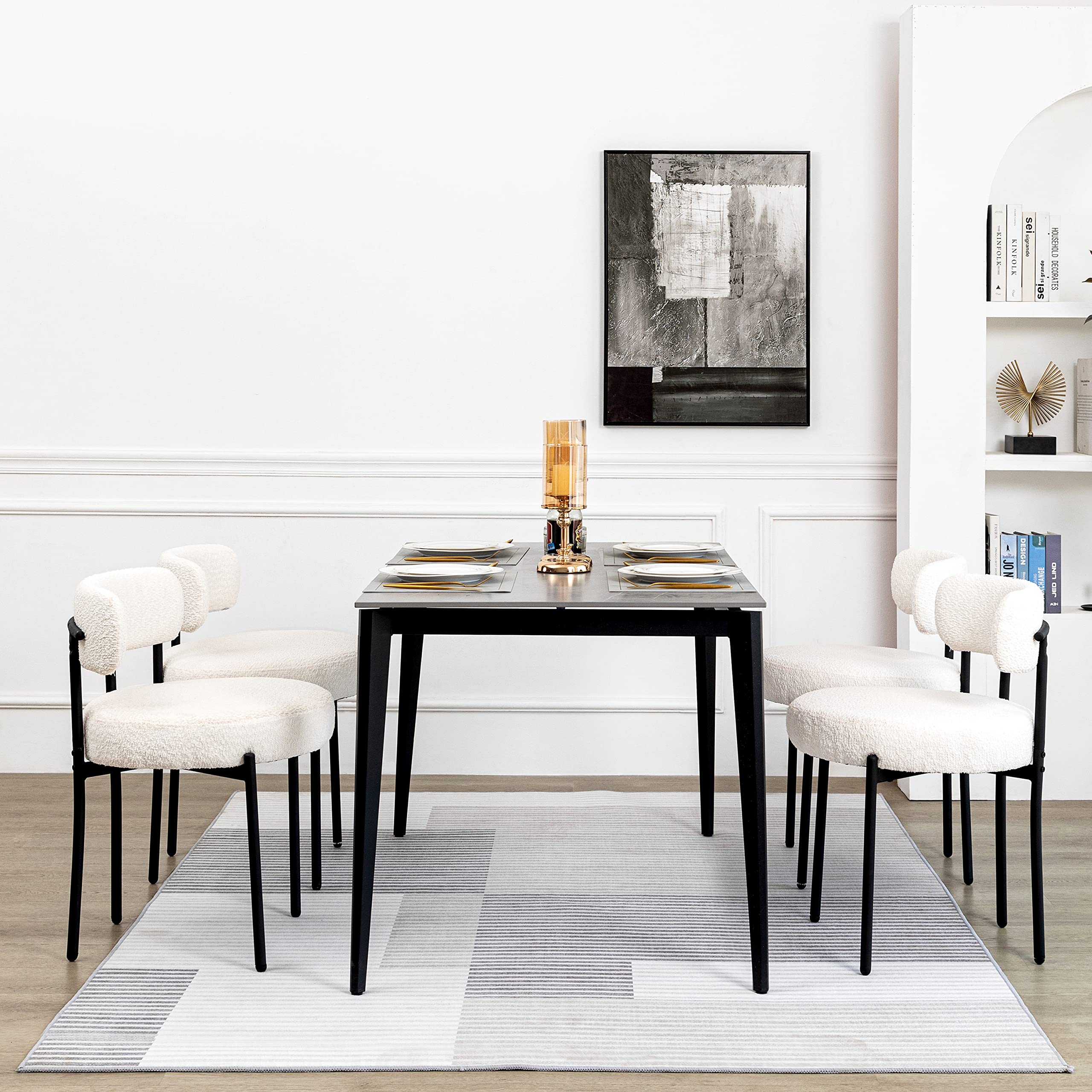 DYHOME White Boucle Dining Chairs Set of 4 - Modern Upholstered Kitchen & Dining Room Chairs with Thick Cushions & Sturdy Metal Legs - Perfect for Kitchen, Living Room, Breakfast Nook & Small Space Dining Areas