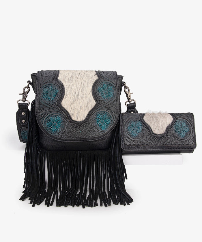 Genuine Hair-On Cowhide Crossbody Bag with Tooled Fringe - Trinity Ranch Western Style Purse for Women | Perfect for Rodeo, Country Concerts & Boho Fashion