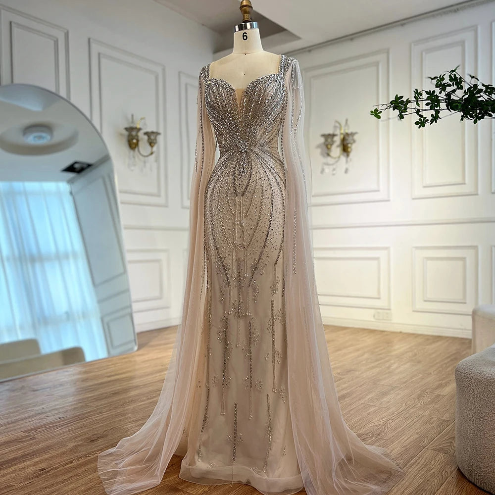 Elegant Beige Beaded Evening Dress with Cape Sleeves - LA72992 | Formal Gown for Prom, Wedding & Special Occasions