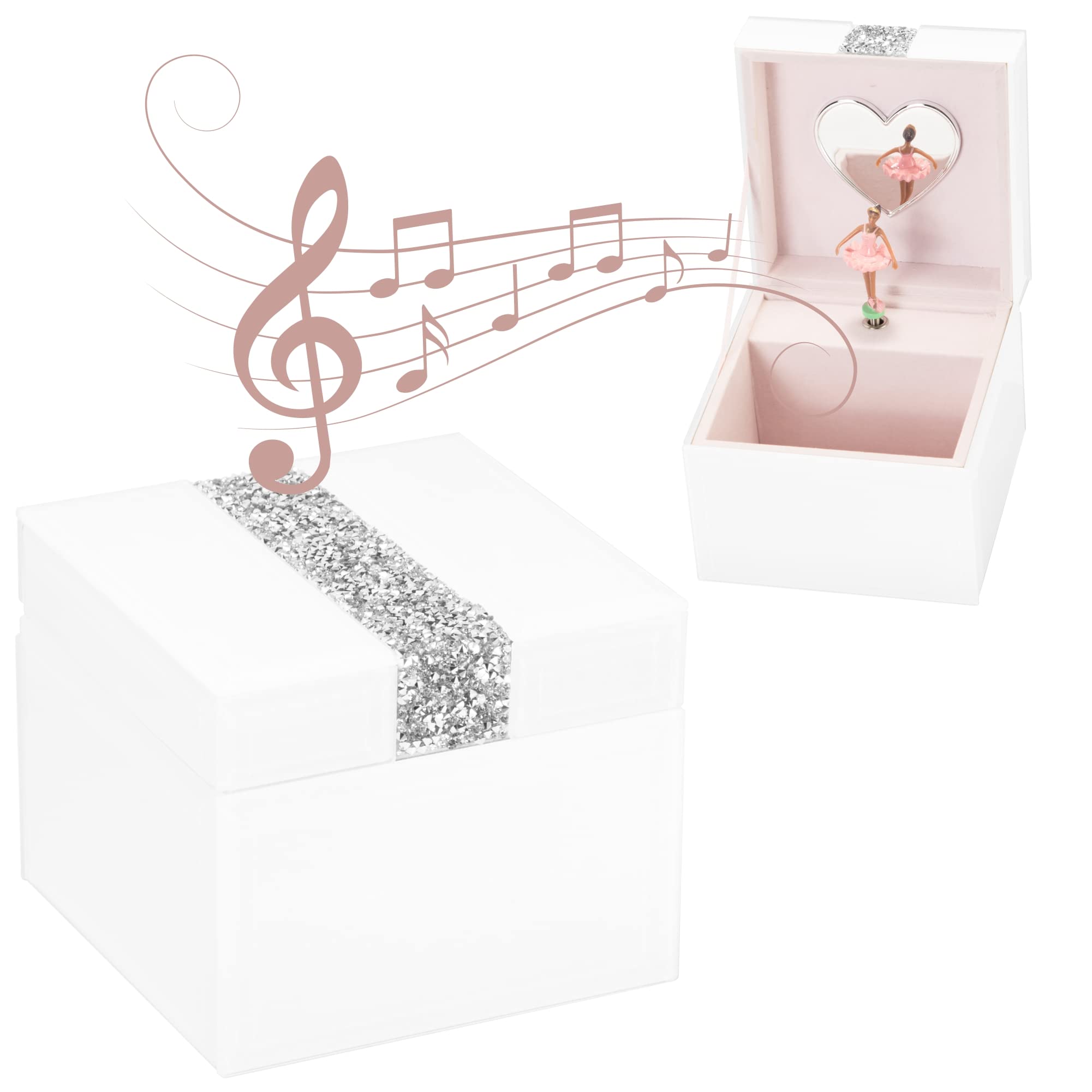 Elegant Timetrace Diamante Ballerina Jewelry Box - White Swan Lake Musical Jewelry Storage with Glass Lid | Perfect Gift for Girls, Women & Ballerina Lovers | Jewelry Organizer for Dresser, Vanity & Bedroom Decor
