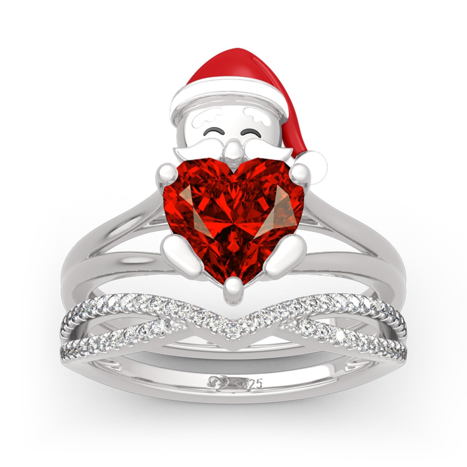 Jeulia Sterling Silver Santa Claus Heart Cut Ring Set for Women - Elegant Gift for Wife, Girlfriend, Engagement, Wedding, Anniversary, Christmas & Birthday - Comes with Jewelry Box | Perfect for Romantic Occasions, Holiday Gifting & Special Celebrations