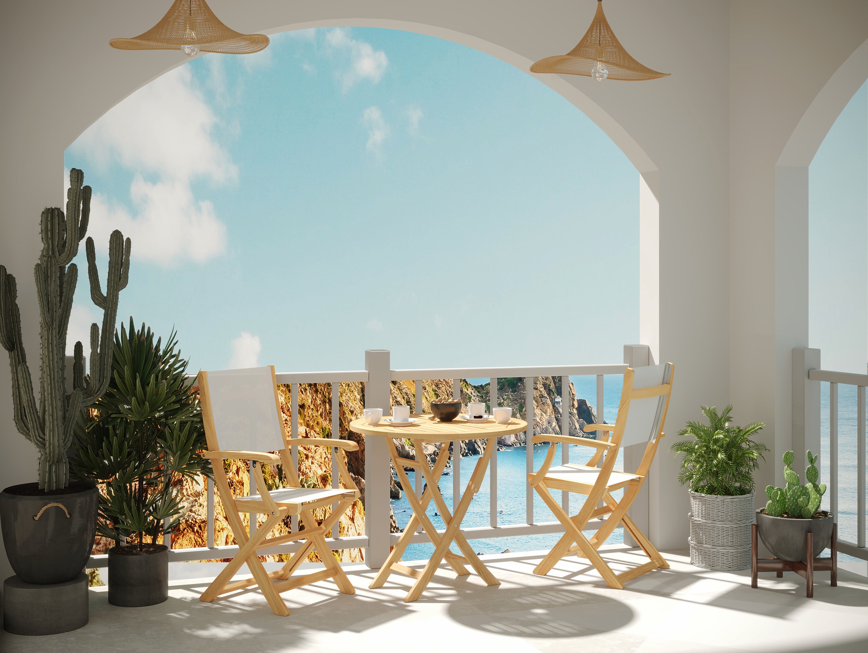 Lucas 3-Piece White Teak Outdoor Bistro Set with Folding Table & Armchairs - Perfect for Patio, Garden, and Small Balcony Dining