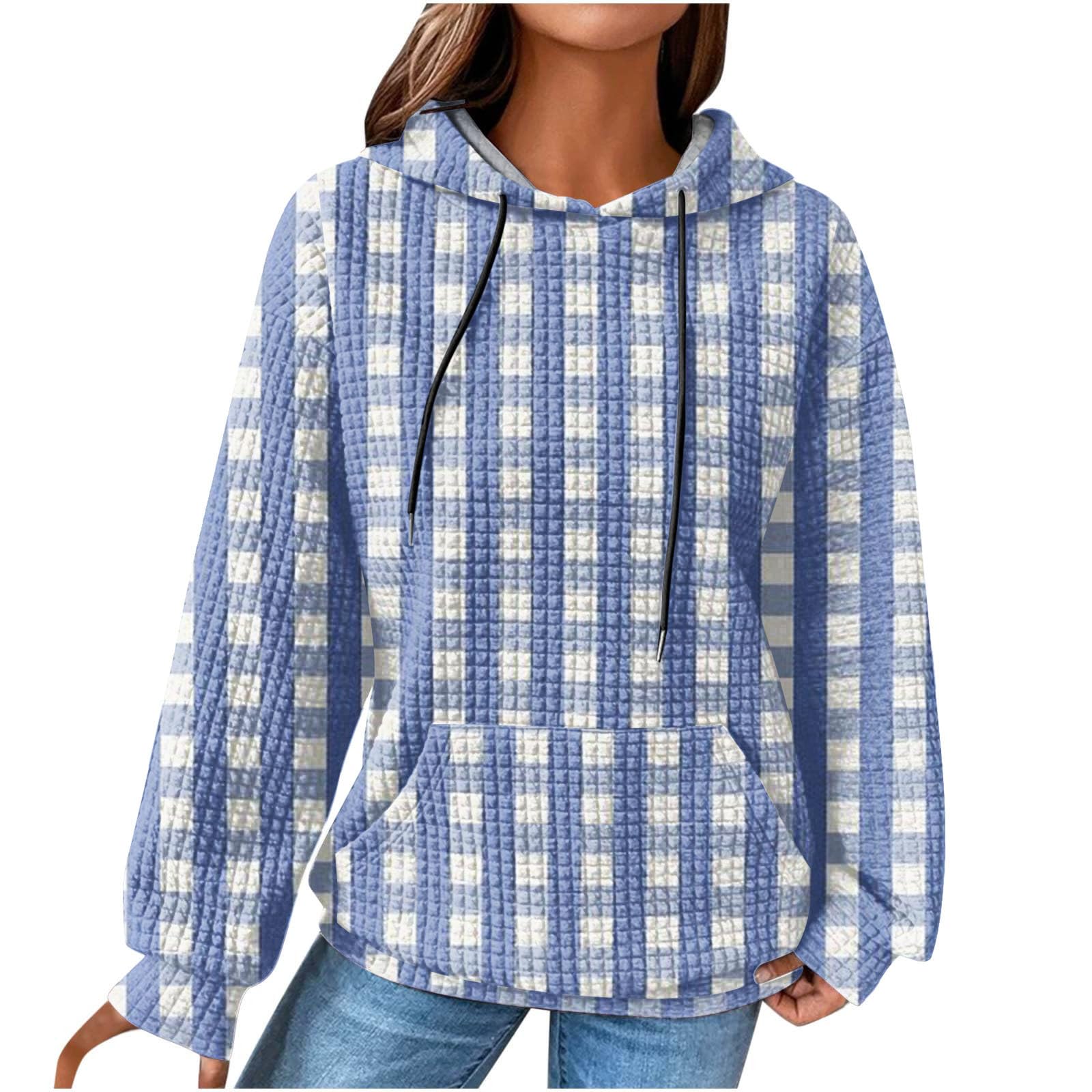 IYTR Women's Waffle Knit Pullover Hoodie - Long Sleeve Plaid Print Sweatshirt with Drawstring Hood & Pocket - Casual Loungewear for Fall Winter, Perfect for Home, Office and Outdoor Activities