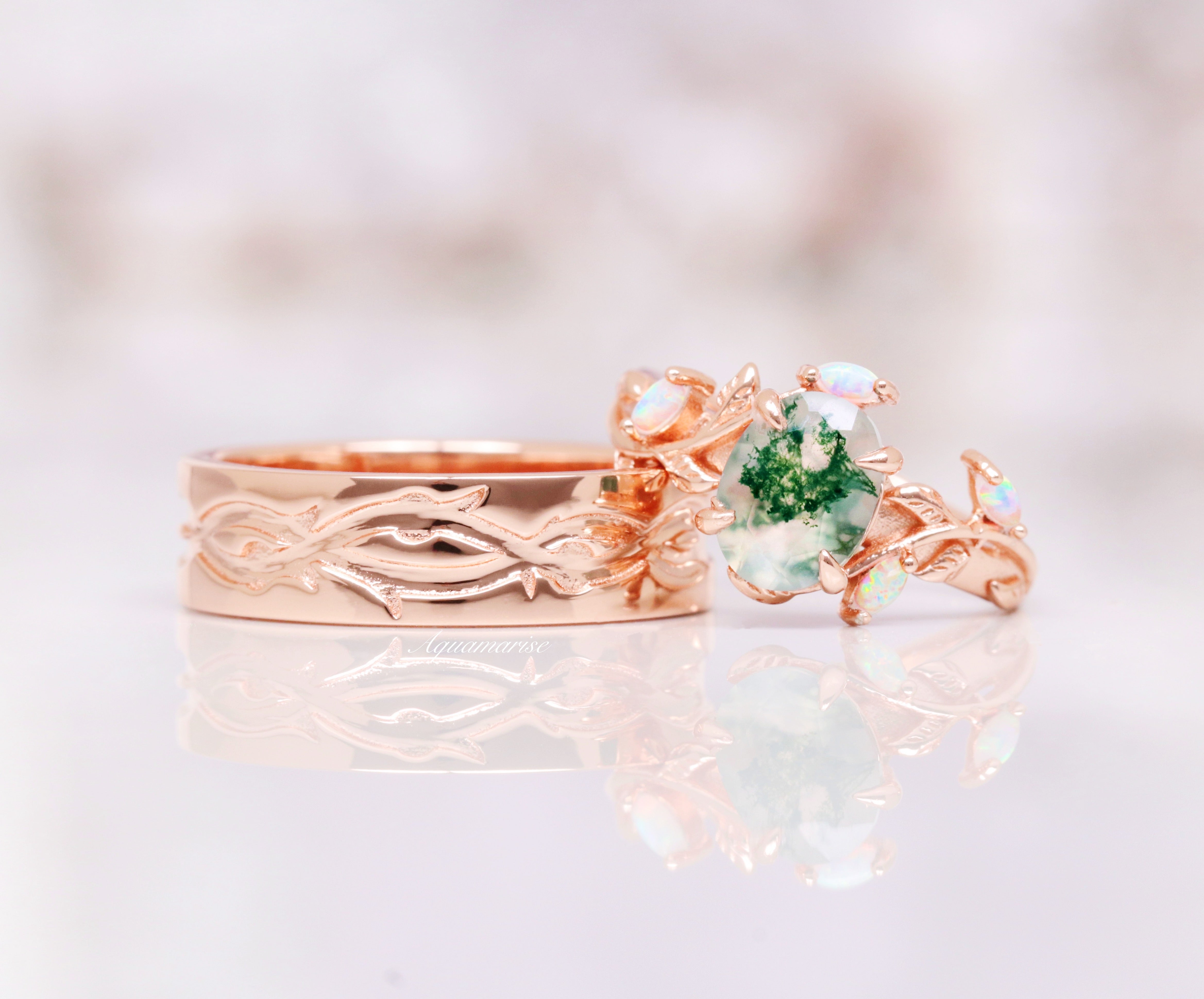 14K Rose Gold Vermeil Green Moss Agate & Opal Leaf Ring - Elegant Nature-Inspired Jewelry for Women, Perfect for Weddings, Parties & Everyday Wear