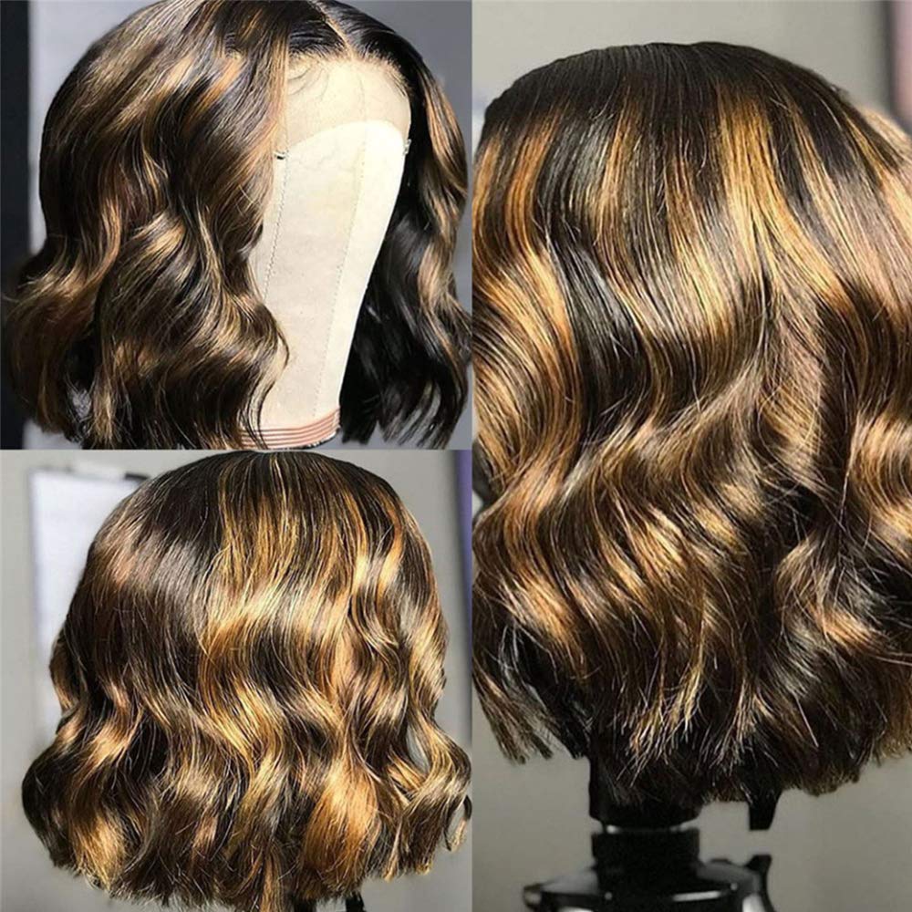 Brazilian Remy Virgin Human Hair Bob Wig - 13x4 Lace Front with Baby Hair, Pre-Plucked, 150% Density Body Wave Ombre Wavy Wig (12 Inch) | Perfect for Daily Wear, Cosplay, Parties & Special Occasions