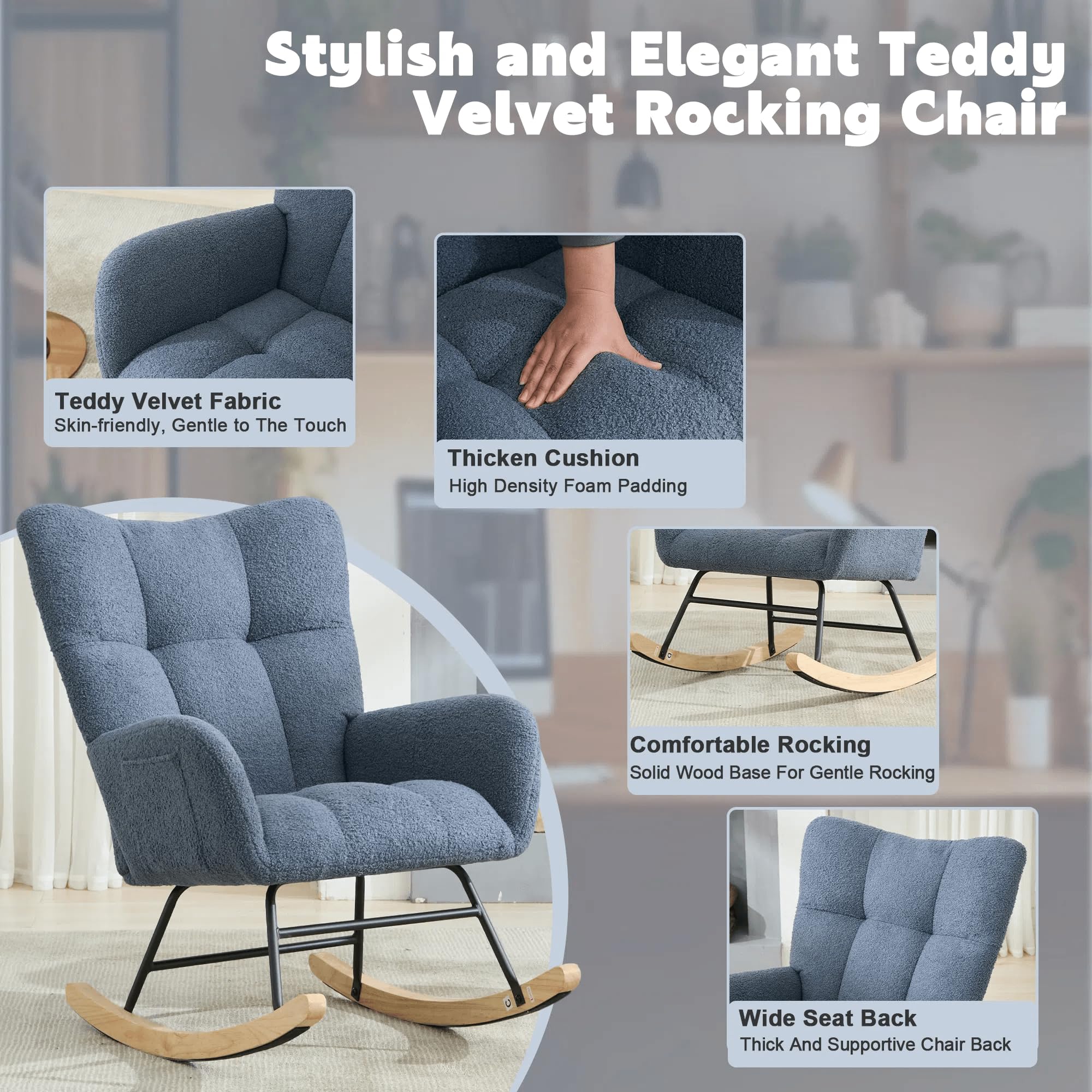 Comfy Blue Teddy Upholstered Glider Rocker - High Backrest Nursery Rocking Chair for Living Room, Bedroom & Office | Modern Accent Armchair with Smooth Gliding Motion | Perfect for Nursing Mothers, Relaxation & Home Decor