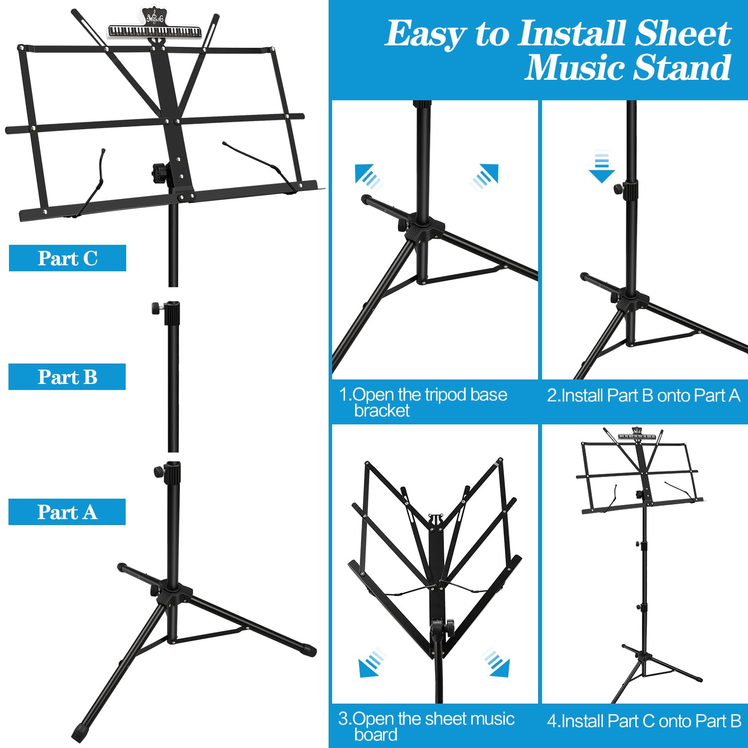 2 Pack Sheet Music Stand - Dual-Use Folding & Adjustable Desktop Book Stand with Sheet Clip Holder & Carrying Bag - Lightweight Portable for Piano, Violin, Guitar Practice & School Band Performances