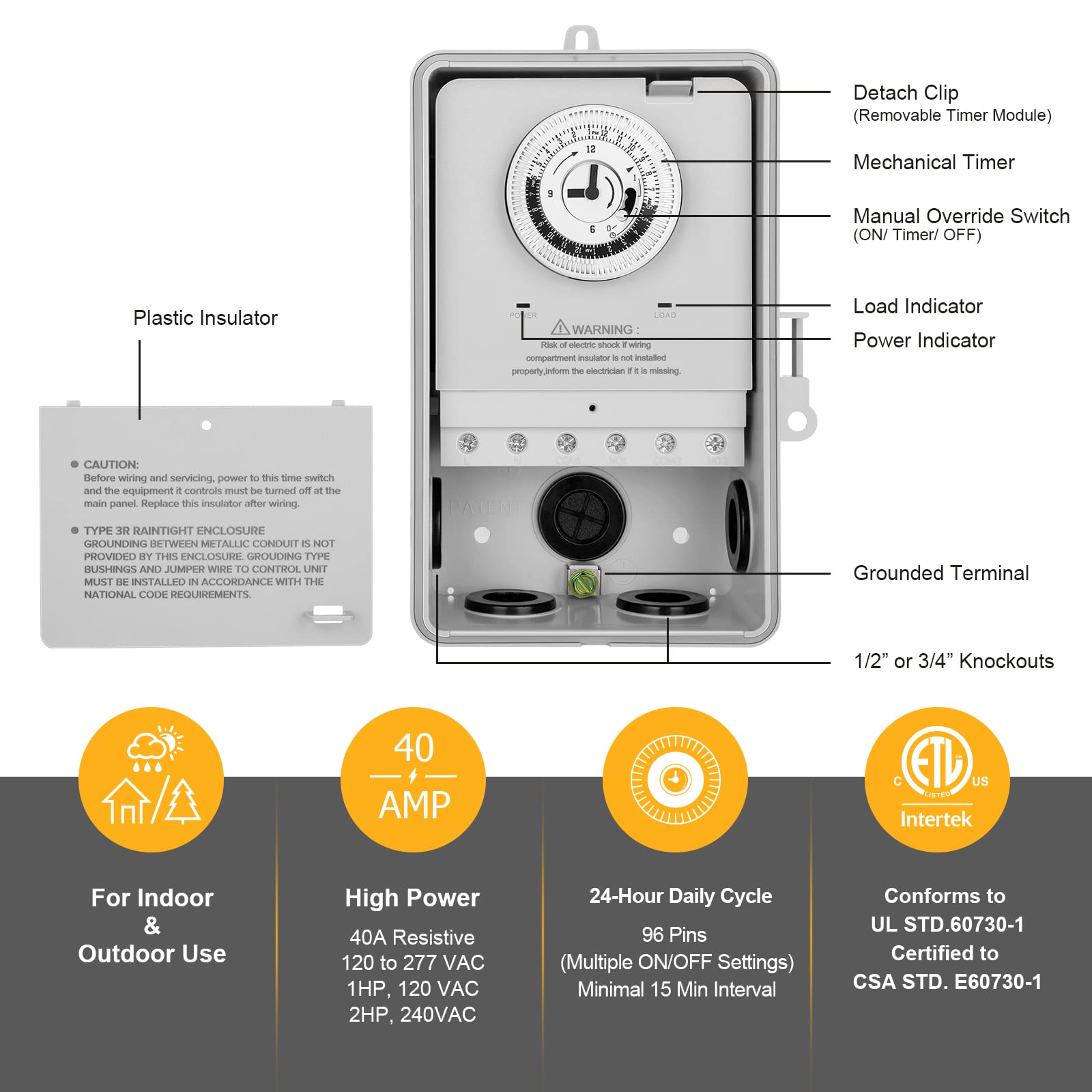 SURAIELEC 24-Hour Mechanical Pool Timer Switch - 40 AMP, 2HP, 120/240/277V Heavy Duty Outdoor/Indoor Controller for Pool Pump, Water Heater, Spa & Appliances | Perfect for Automatic Pool Maintenance & Energy Savings