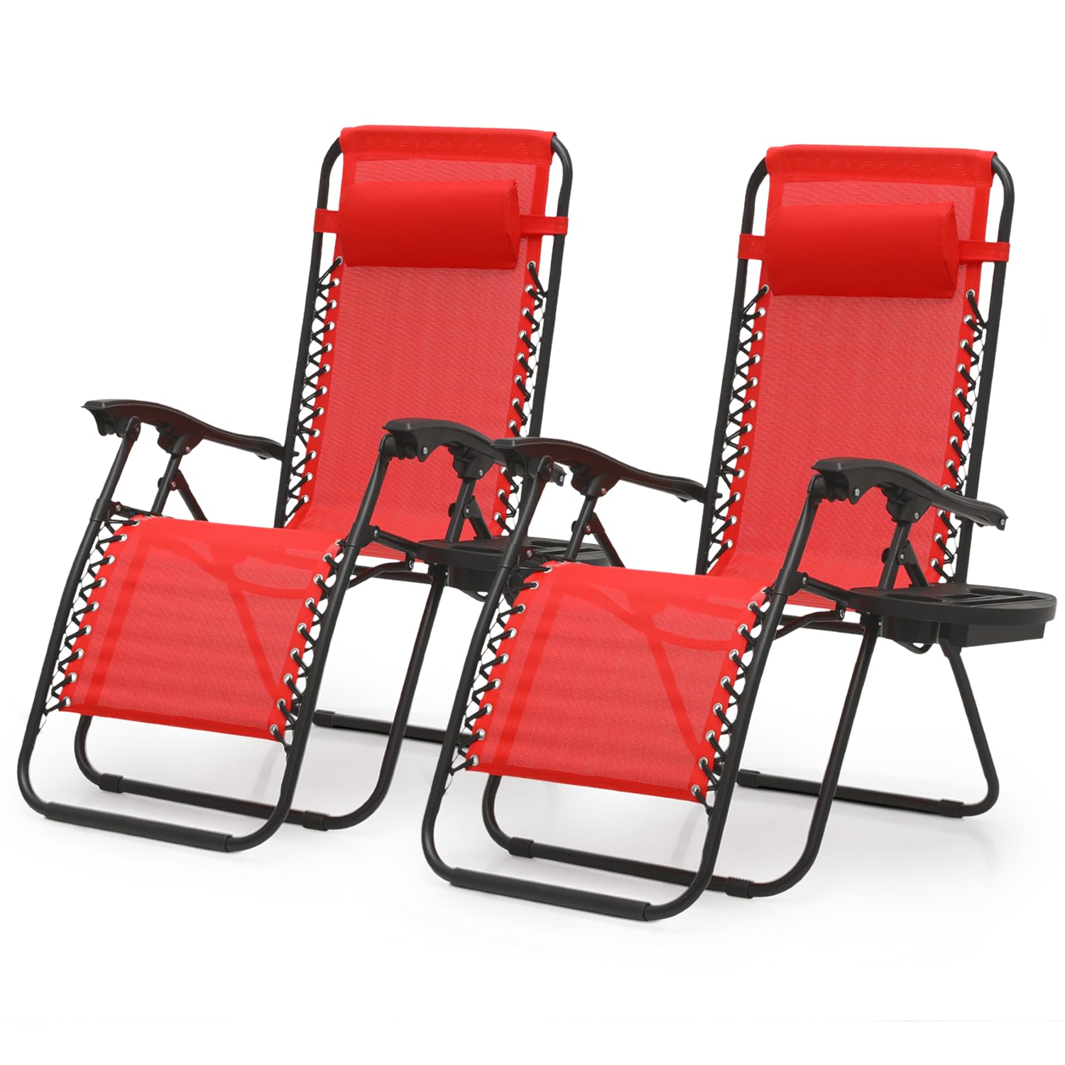 Magshion Zero Gravity Lounge Chairs Set of 2 - Adjustable Outdoor Patio Recliners with Side Tray & Pillow Headrest - Foldable Anti-Gravity Chairs for Lawn, Camping, Beach (Red) - Perfect for Relaxing in Backyard, Poolside or Vacation Getaways